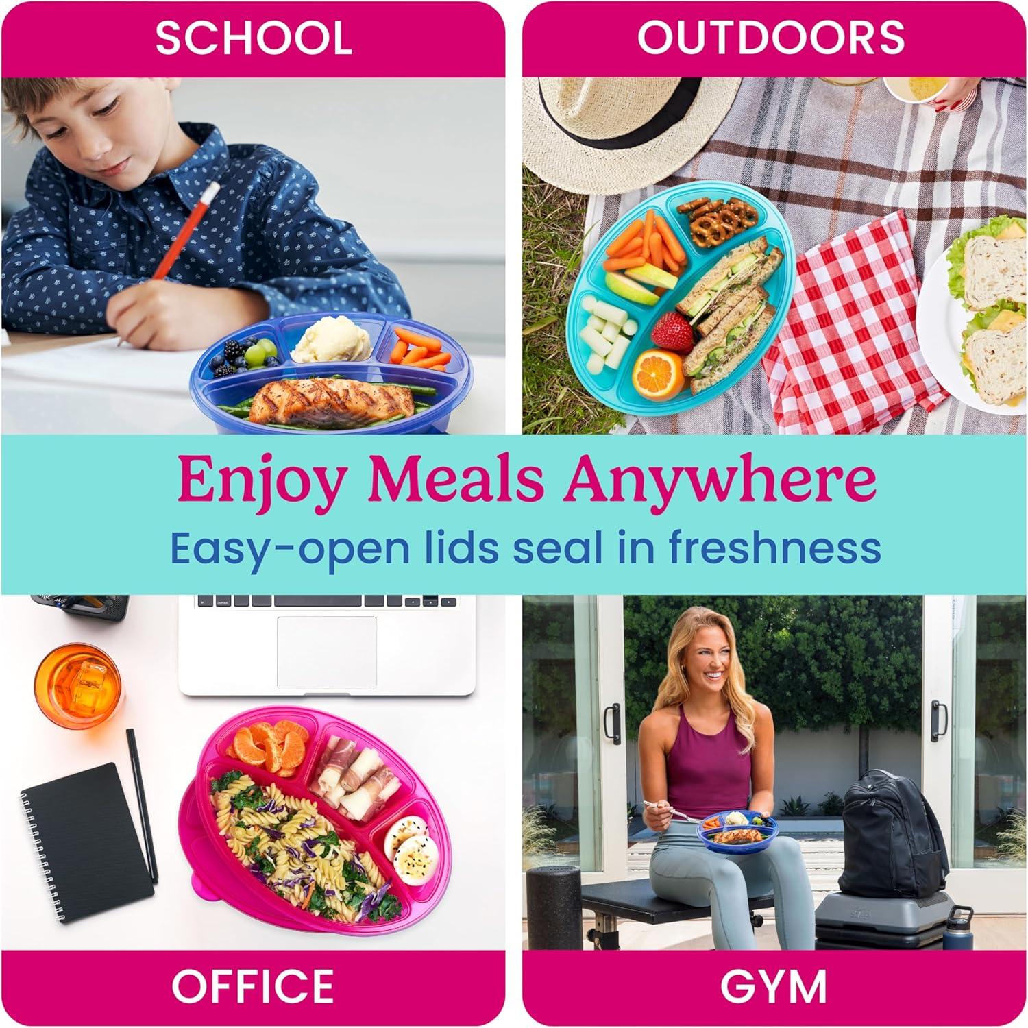 imageBentgo Easyboxes 4Compartment Oval Containers  Patented Design 8Piece Set 4 Trays ampamp 4 Fitted Lids Seal in Freshness Reusable Food Storage ampamp Meal Prep BPAFree Containers ClassicJewel Brights