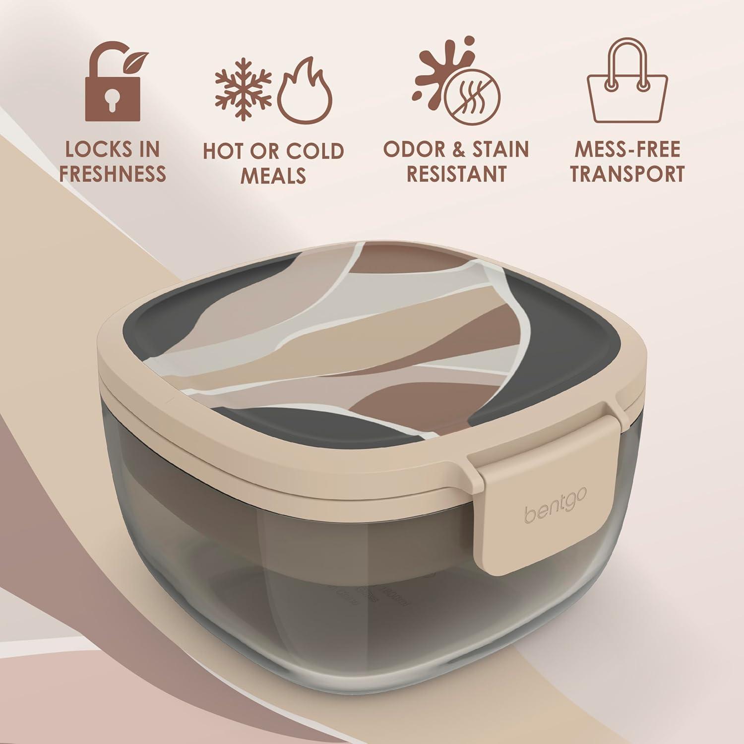 imageBentgo Glass AllinOne Salad Container  Large 61oz Salad Bowl with Lid 4Compartment BentoStyle Tray 3oz Sauce Container and Reusable Fork  Dishwasher Microwave and Oven Safe LavenderInky Abstract  Neutrals