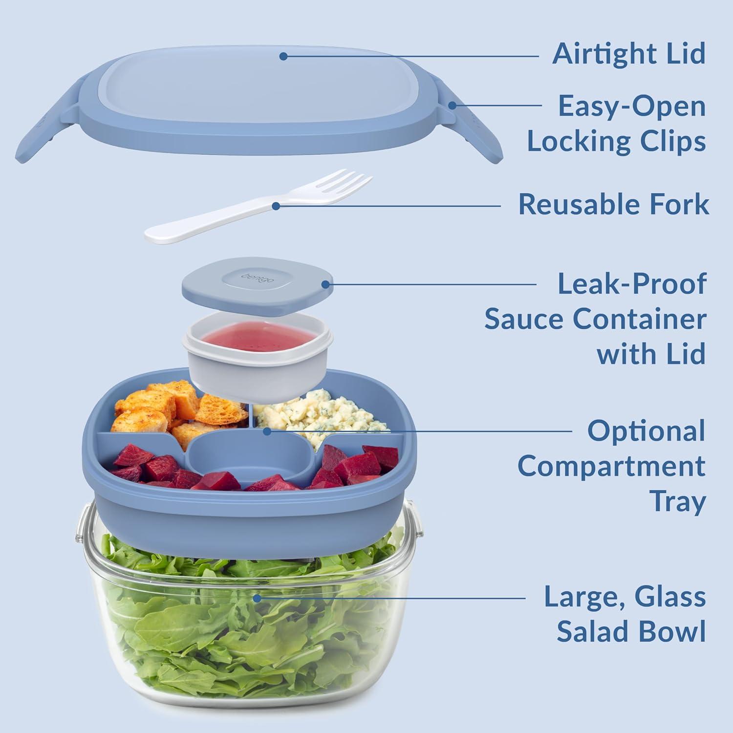imageBentgo Glass AllinOne Salad Container  Large 61oz Salad Bowl with Lid 4Compartment BentoStyle Tray 3oz Sauce Container and Reusable Fork  Dishwasher Microwave and Oven Safe LavenderLight Blue