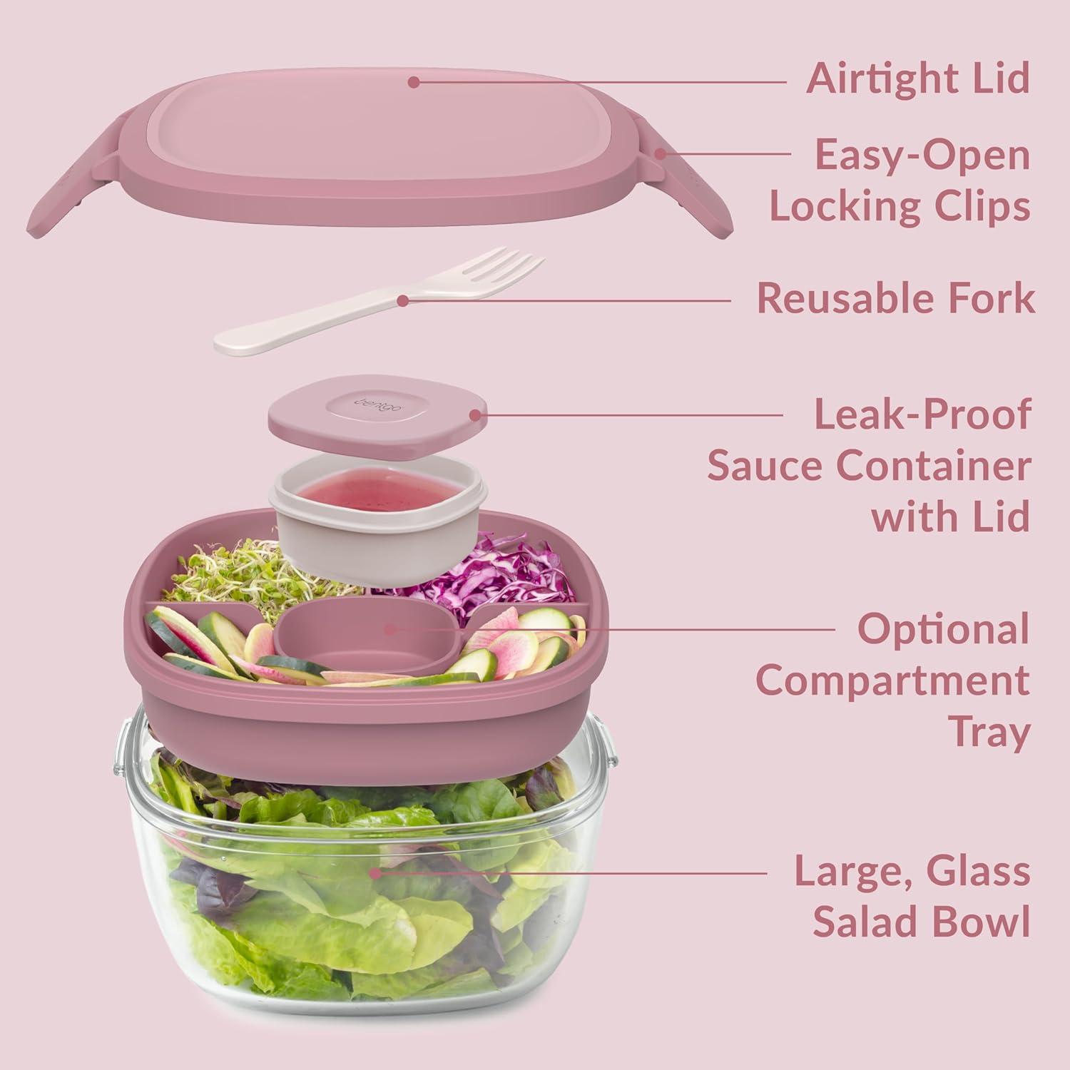imageBentgo Glass AllinOne Salad Container  Large 61oz Salad Bowl with Lid 4Compartment BentoStyle Tray 3oz Sauce Container and Reusable Fork  Dishwasher Microwave and Oven Safe LavenderRose