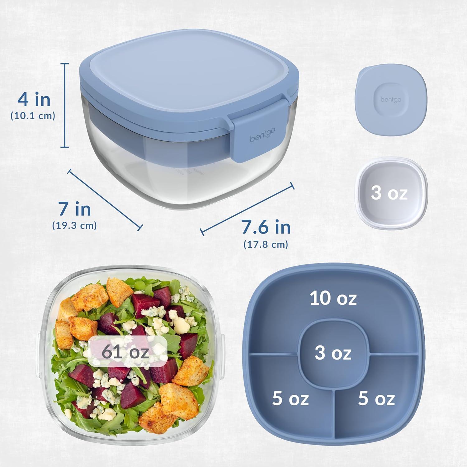 imageBentgo Glass AllinOne Salad Container  Large 61oz Salad Bowl with Lid 4Compartment BentoStyle Tray 3oz Sauce Container and Reusable Fork  Dishwasher Microwave and Oven Safe LavenderLight Blue