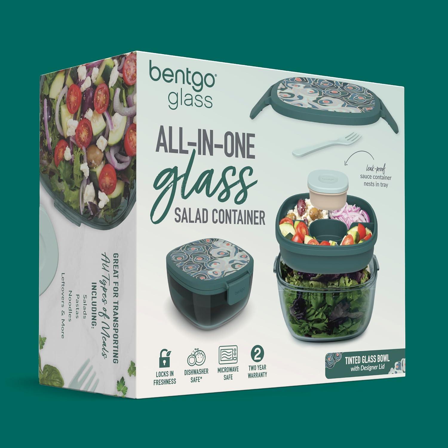 imageBentgo Glass AllinOne Salad Container  Large 61oz Salad Bowl with Lid 4Compartment BentoStyle Tray 3oz Sauce Container and Reusable Fork  Dishwasher Microwave and Oven Safe LavenderFloral Maximalist  Sea