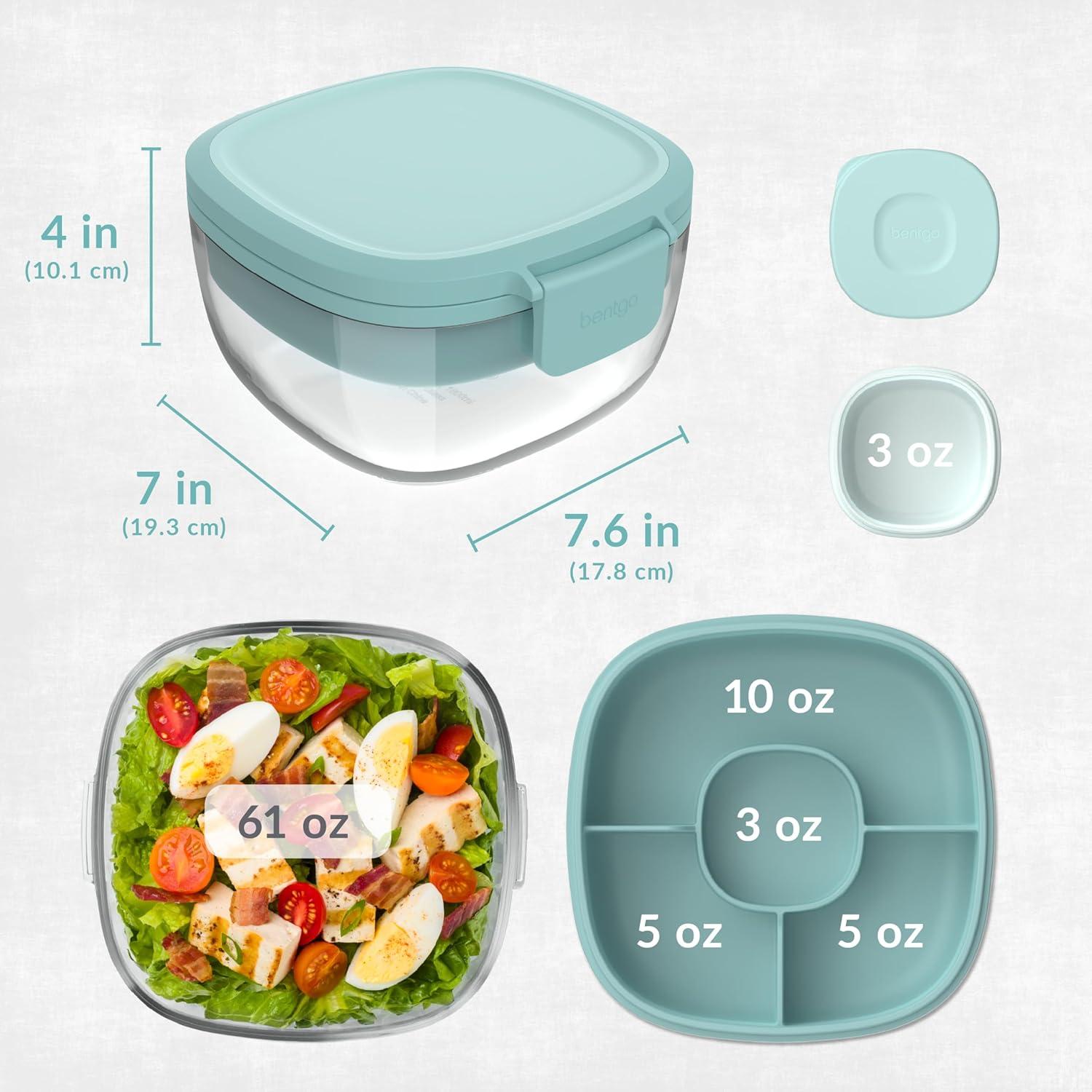 imageBentgo Glass AllinOne Salad Container  Large 61oz Salad Bowl with Lid 4Compartment BentoStyle Tray 3oz Sauce Container and Reusable Fork  Dishwasher Microwave and Oven Safe LavenderCoastal Seaglass