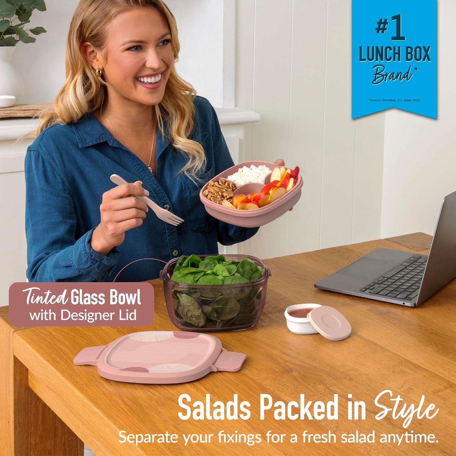 imageBentgo Glass AllinOne Salad Container  Large 61oz Salad Bowl with Lid 4Compartment BentoStyle Tray 3oz Sauce Container and Reusable Fork  Dishwasher Microwave and Oven Safe LavenderMod Curve  Desert Rose