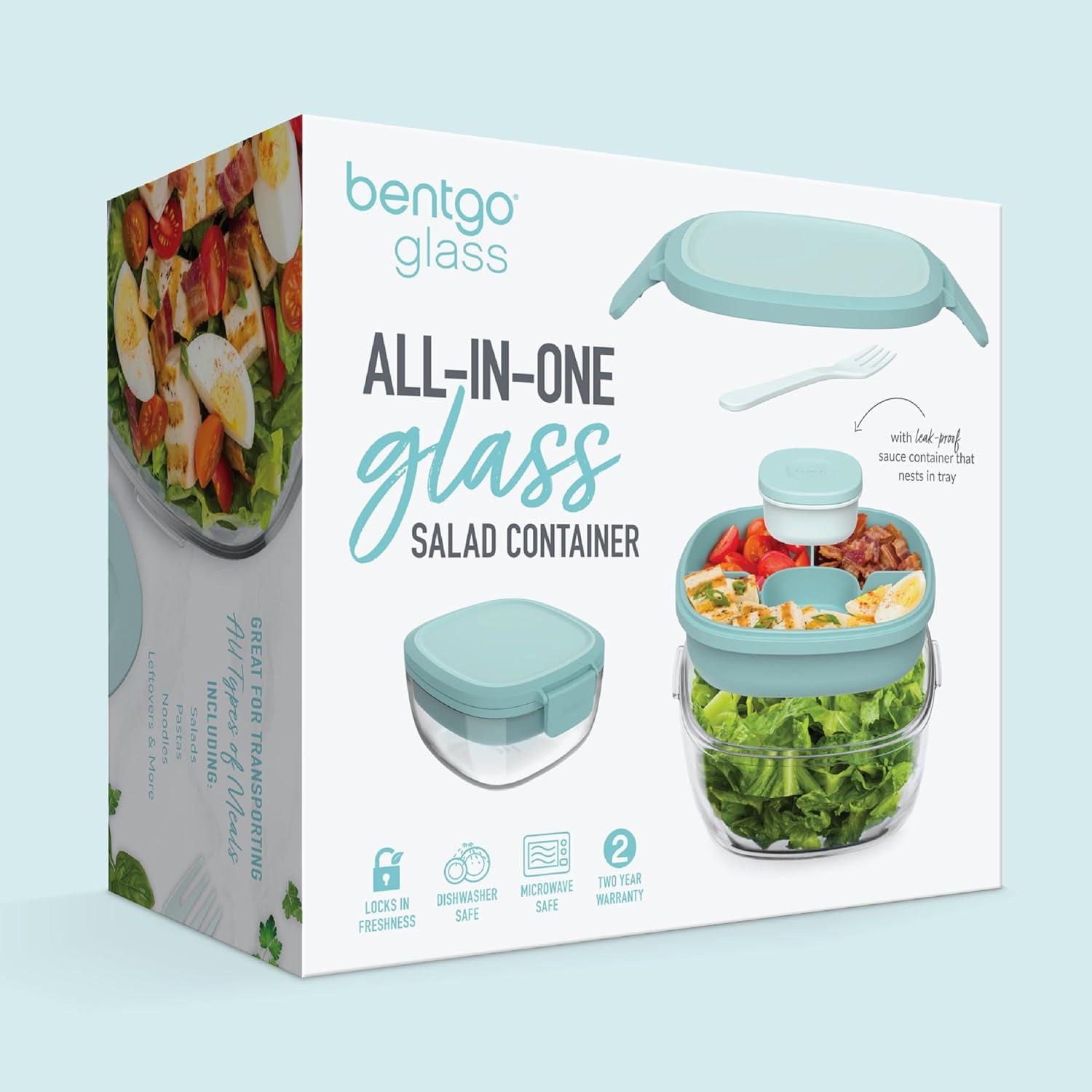 imageBentgo Glass AllinOne Salad Container  Large 61oz Salad Bowl with Lid 4Compartment BentoStyle Tray 3oz Sauce Container and Reusable Fork  Dishwasher Microwave and Oven Safe LavenderCoastal Seaglass