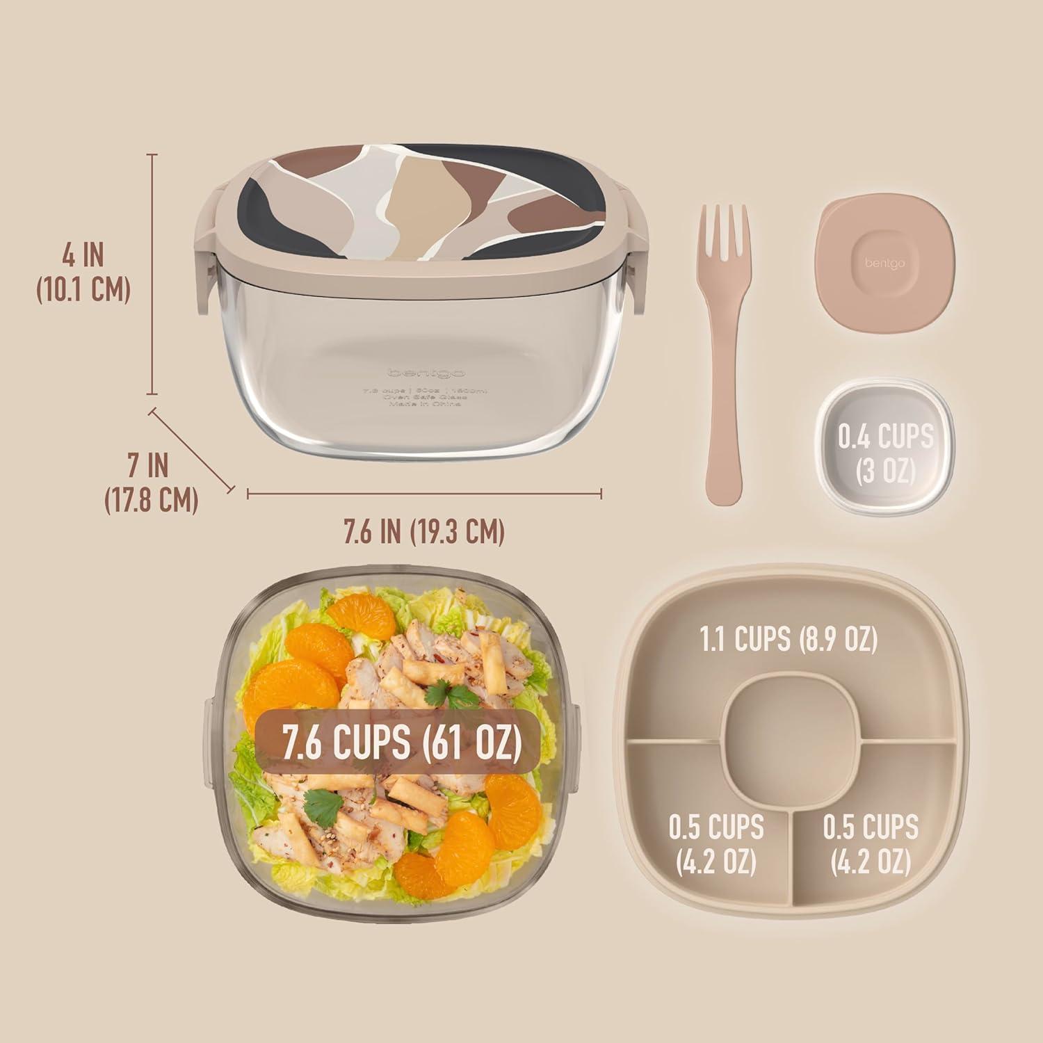 imageBentgo Glass AllinOne Salad Container  Large 61oz Salad Bowl with Lid 4Compartment BentoStyle Tray 3oz Sauce Container and Reusable Fork  Dishwasher Microwave and Oven Safe LavenderInky Abstract  Neutrals