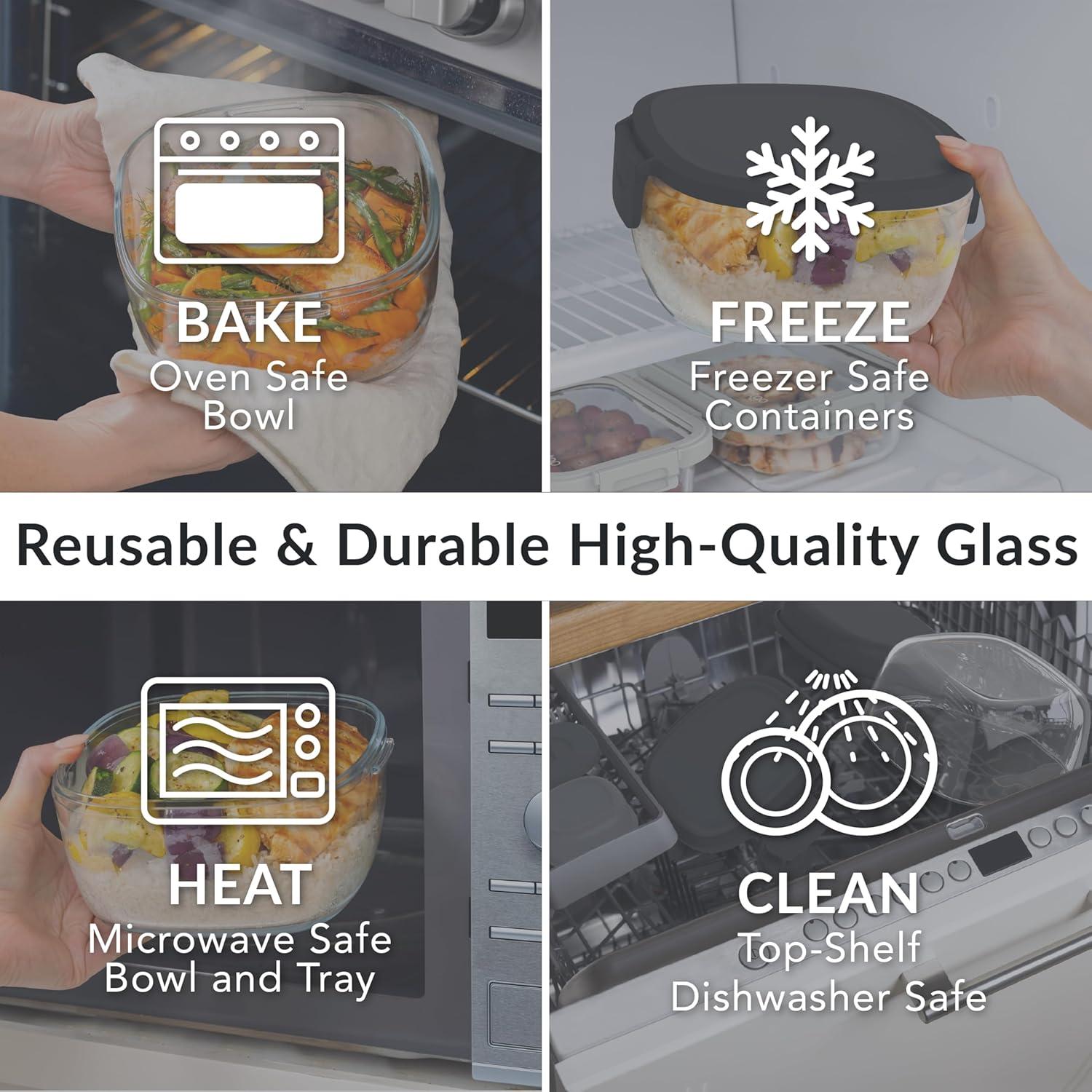 imageBentgo Glass AllinOne Salad Container  Large 61oz Salad Bowl with Lid 4Compartment BentoStyle Tray 3oz Sauce Container and Reusable Fork  Dishwasher Microwave and Oven Safe LavenderBlack Onyx