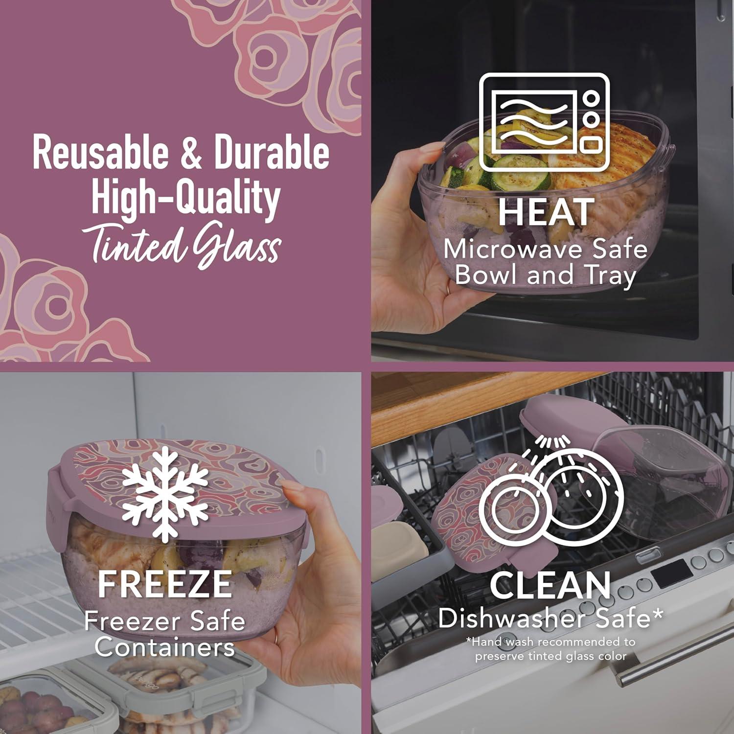 imageBentgo Glass AllinOne Salad Container  Large 61oz Salad Bowl with Lid 4Compartment BentoStyle Tray 3oz Sauce Container and Reusable Fork  Dishwasher Microwave and Oven Safe LavenderFloral Maximalist  Bouquet