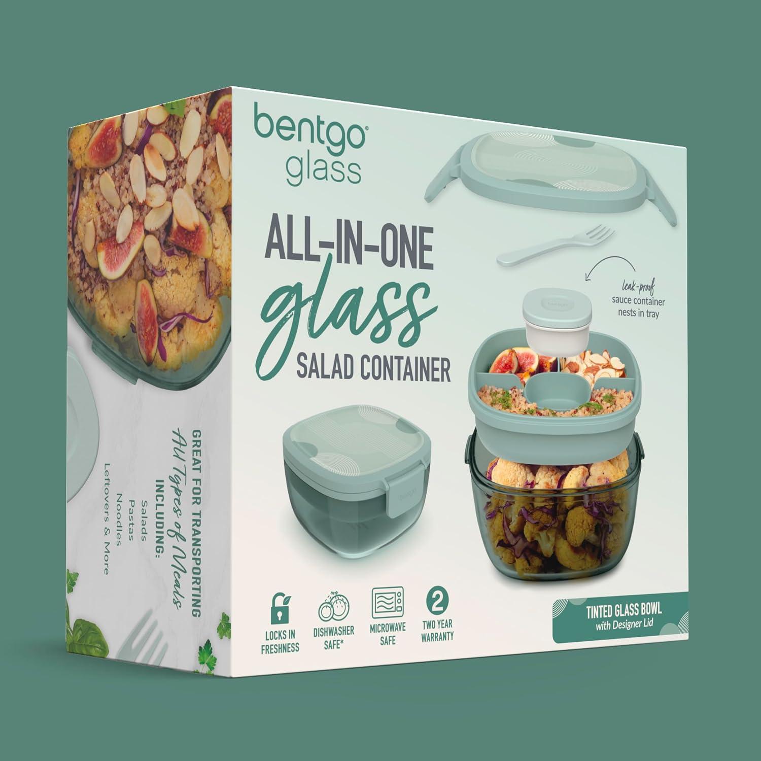 imageBentgo Glass AllinOne Salad Container  Large 61oz Salad Bowl with Lid 4Compartment BentoStyle Tray 3oz Sauce Container and Reusable Fork  Dishwasher Microwave and Oven Safe LavenderMod Curve  Serene Green