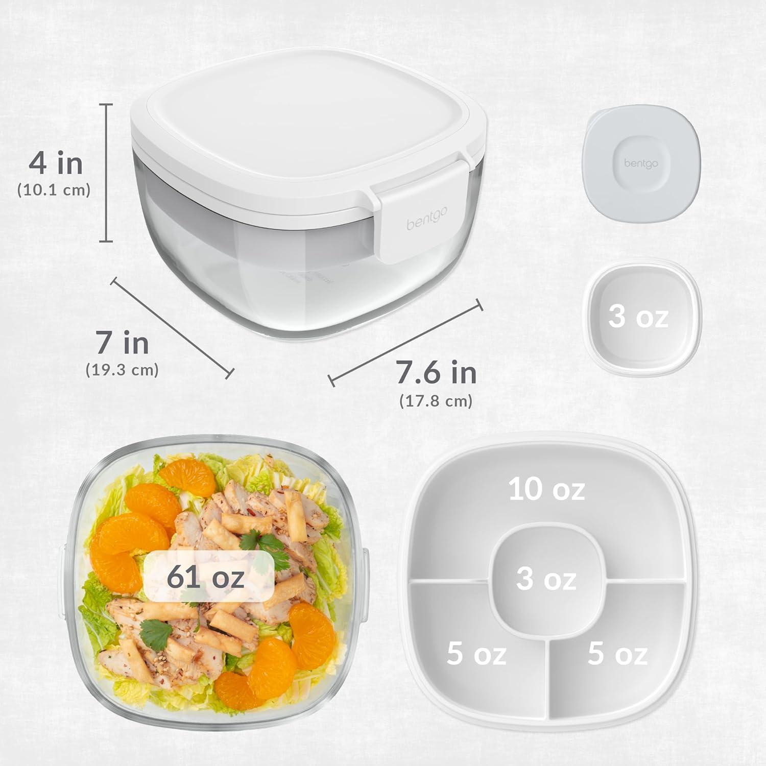 imageBentgo Glass AllinOne Salad Container  Large 61oz Salad Bowl with Lid 4Compartment BentoStyle Tray 3oz Sauce Container and Reusable Fork  Dishwasher Microwave and Oven Safe LavenderWhite