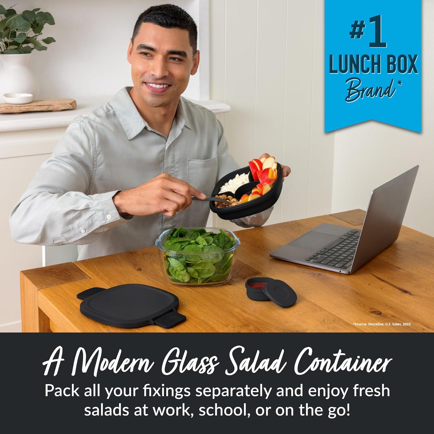 imageBentgo Glass AllinOne Salad Container  Large 61oz Salad Bowl with Lid 4Compartment BentoStyle Tray 3oz Sauce Container and Reusable Fork  Dishwasher Microwave and Oven Safe LavenderBlack Onyx