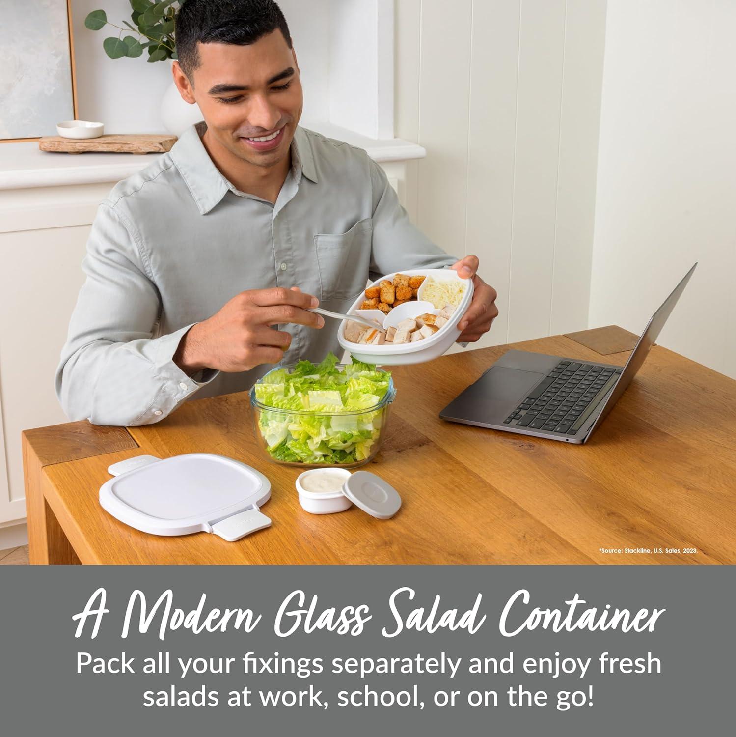 imageBentgo Glass AllinOne Salad Container  Large 61oz Salad Bowl with Lid 4Compartment BentoStyle Tray 3oz Sauce Container and Reusable Fork  Dishwasher Microwave and Oven Safe LavenderWhite