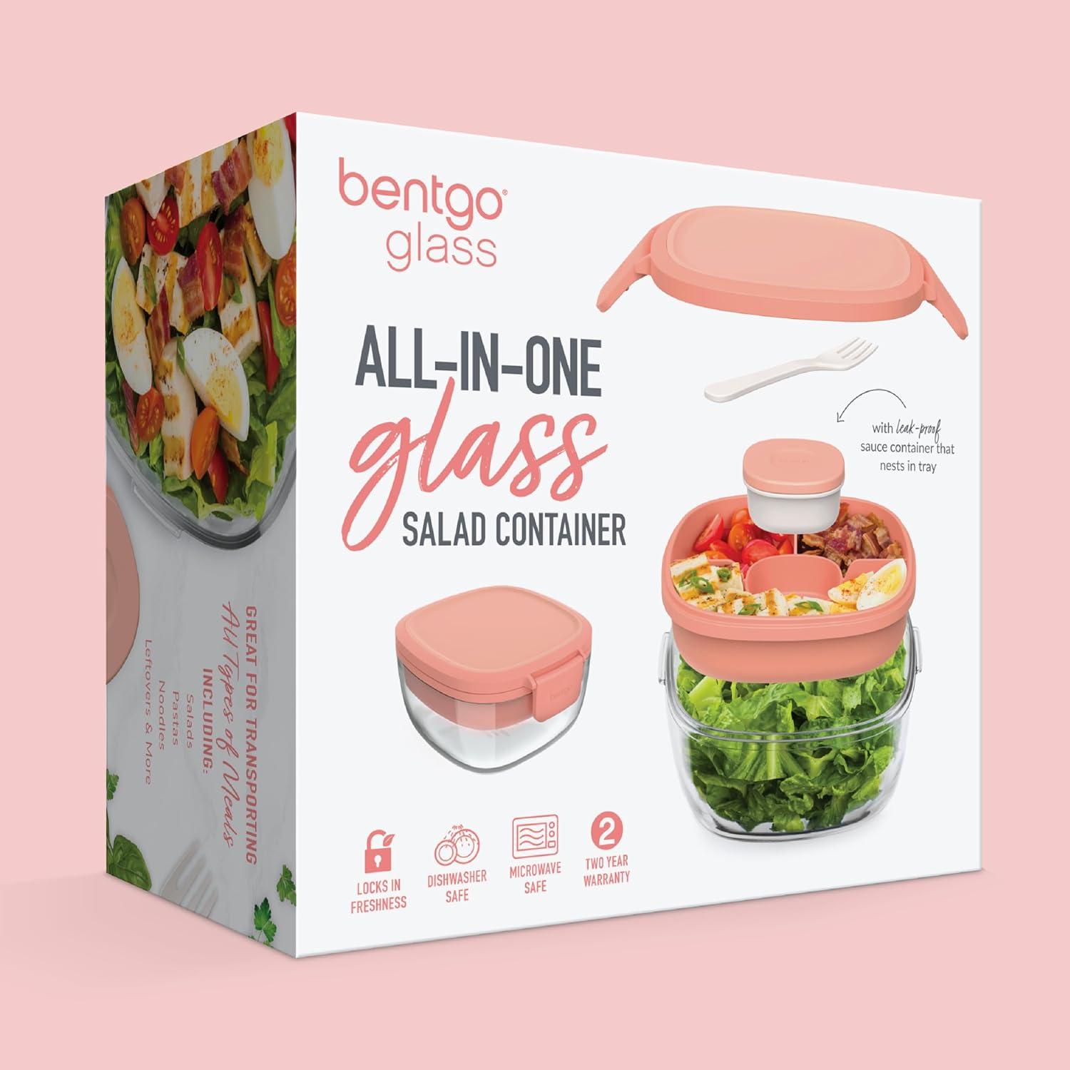 imageBentgo Glass AllinOne Salad Container  Large 61oz Salad Bowl with Lid 4Compartment BentoStyle Tray 3oz Sauce Container and Reusable Fork  Dishwasher Microwave and Oven Safe LavenderCoral