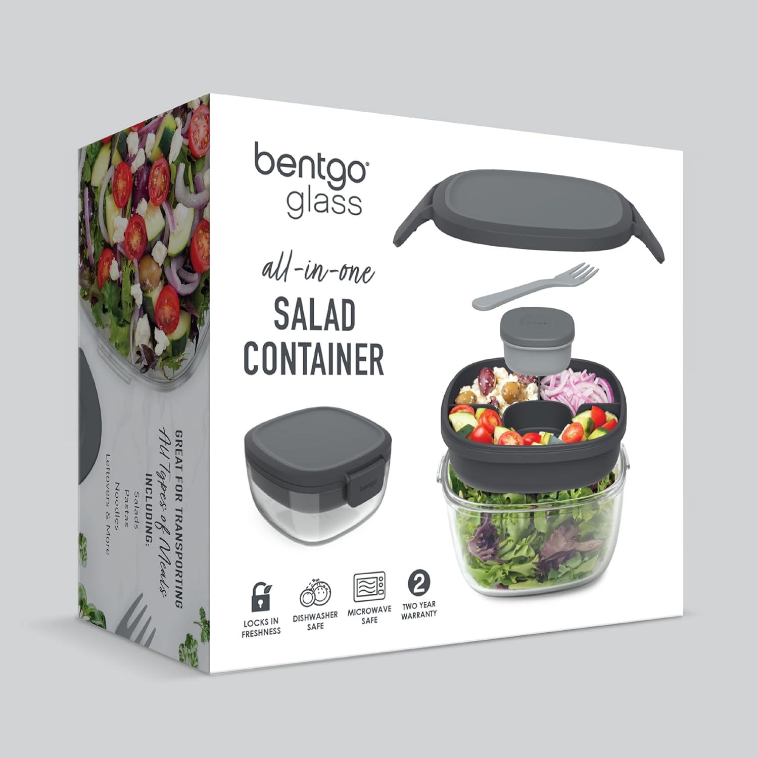 imageBentgo Glass AllinOne Salad Container  Large 61oz Salad Bowl with Lid 4Compartment BentoStyle Tray 3oz Sauce Container and Reusable Fork  Dishwasher Microwave and Oven Safe LavenderDark Gray