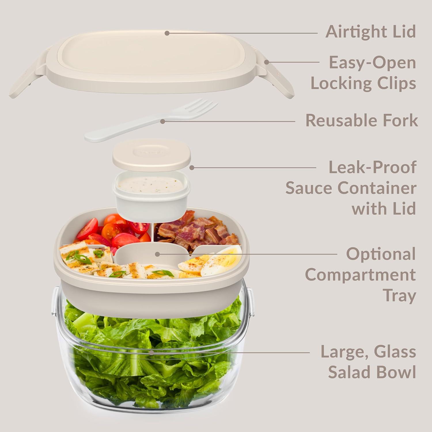 imageBentgo Glass AllinOne Salad Container  Large 61oz Salad Bowl with Lid 4Compartment BentoStyle Tray 3oz Sauce Container and Reusable Fork  Dishwasher Microwave and Oven Safe LavenderWhite Stone Tan
