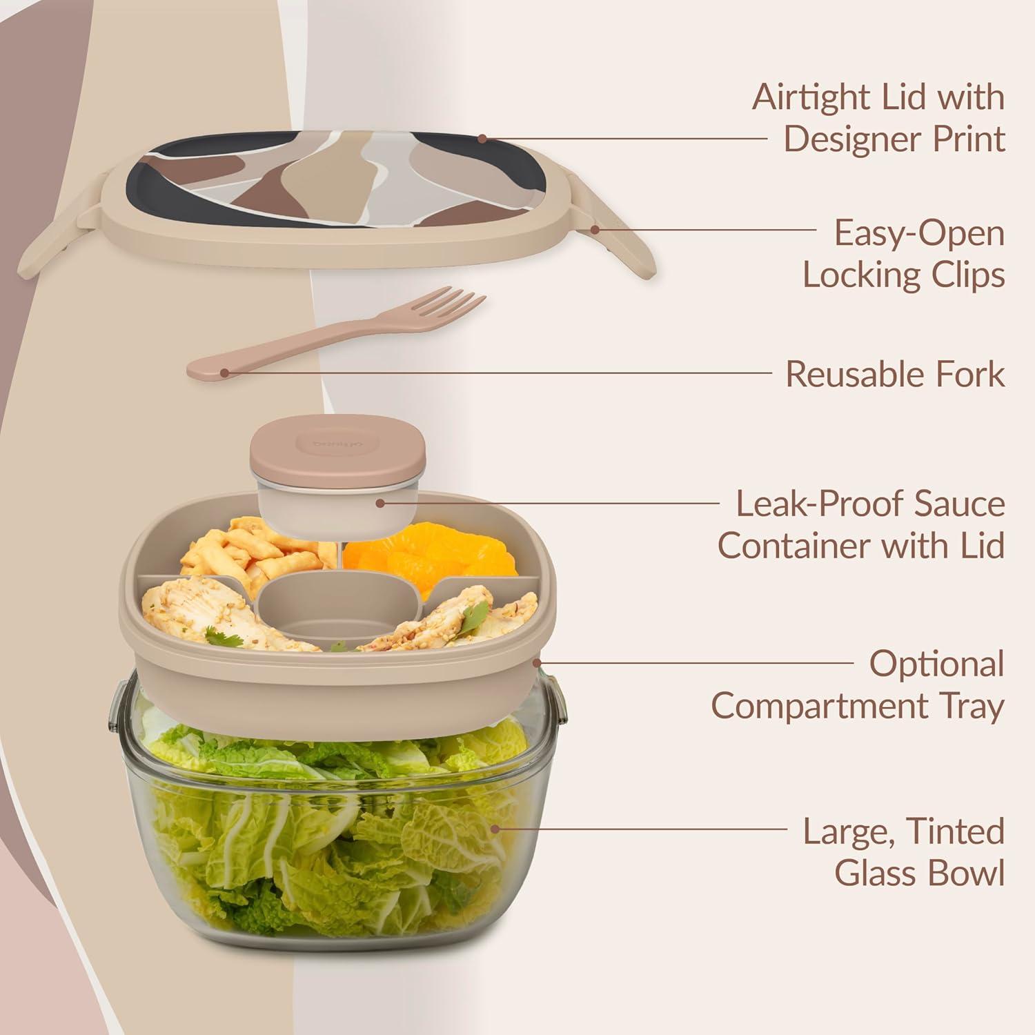 imageBentgo Glass AllinOne Salad Container  Large 61oz Salad Bowl with Lid 4Compartment BentoStyle Tray 3oz Sauce Container and Reusable Fork  Dishwasher Microwave and Oven Safe LavenderInky Abstract  Neutrals