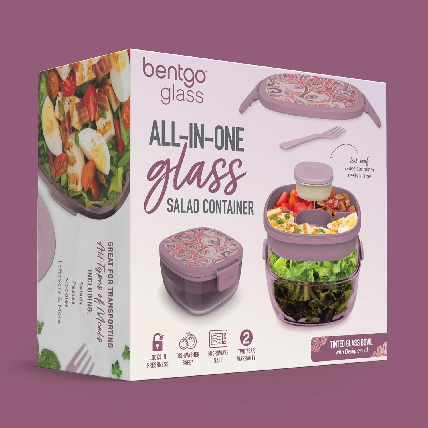 imageBentgo Glass AllinOne Salad Container  Large 61oz Salad Bowl with Lid 4Compartment BentoStyle Tray 3oz Sauce Container and Reusable Fork  Dishwasher Microwave and Oven Safe LavenderFloral Maximalist  Bouquet