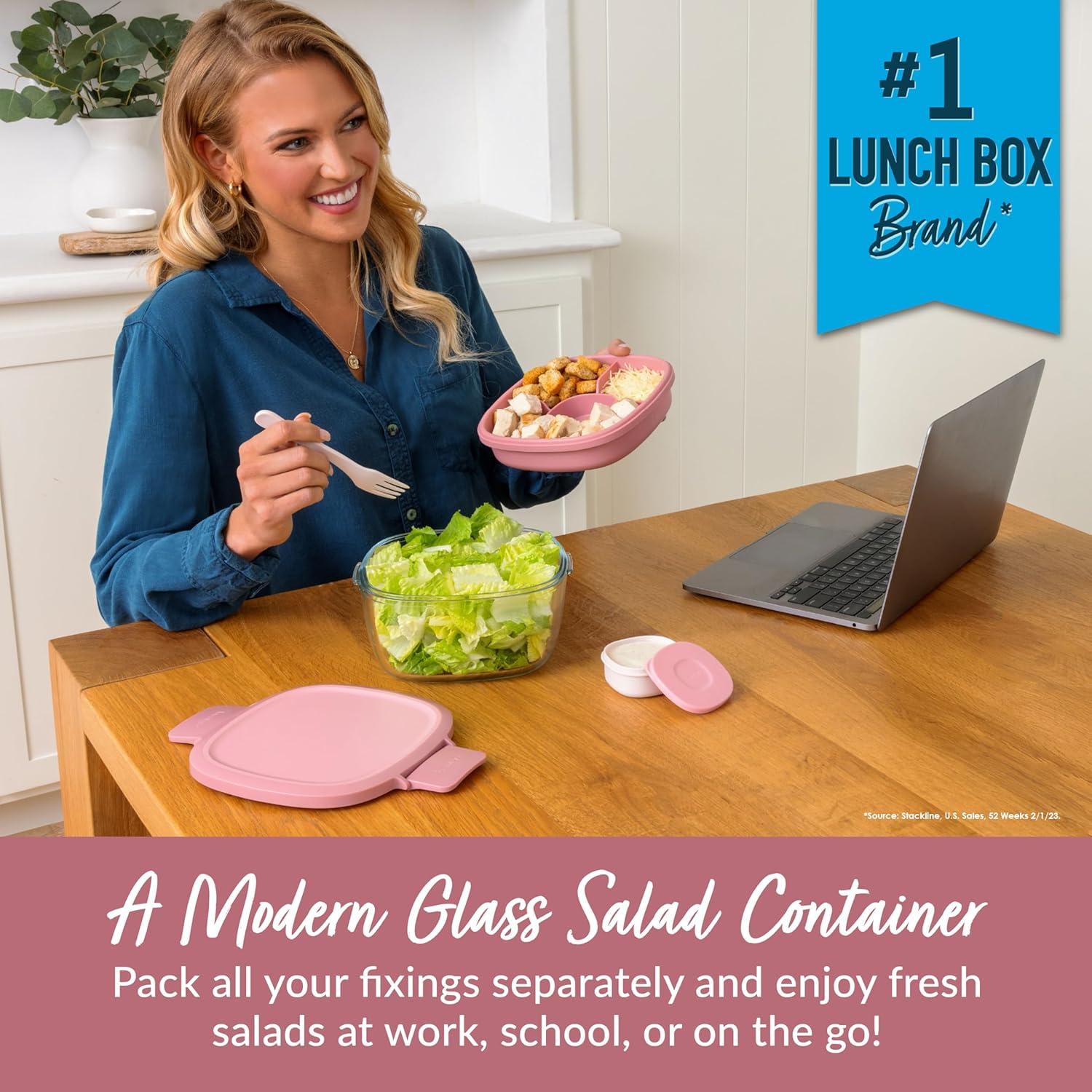 imageBentgo Glass AllinOne Salad Container  Large 61oz Salad Bowl with Lid 4Compartment BentoStyle Tray 3oz Sauce Container and Reusable Fork  Dishwasher Microwave and Oven Safe LavenderRose