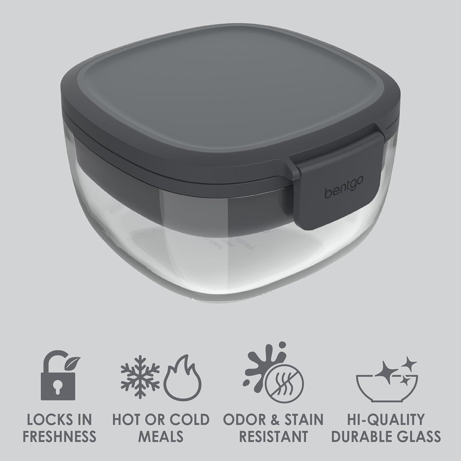 imageBentgo Glass AllinOne Salad Container  Large 61oz Salad Bowl with Lid 4Compartment BentoStyle Tray 3oz Sauce Container and Reusable Fork  Dishwasher Microwave and Oven Safe LavenderDark Gray