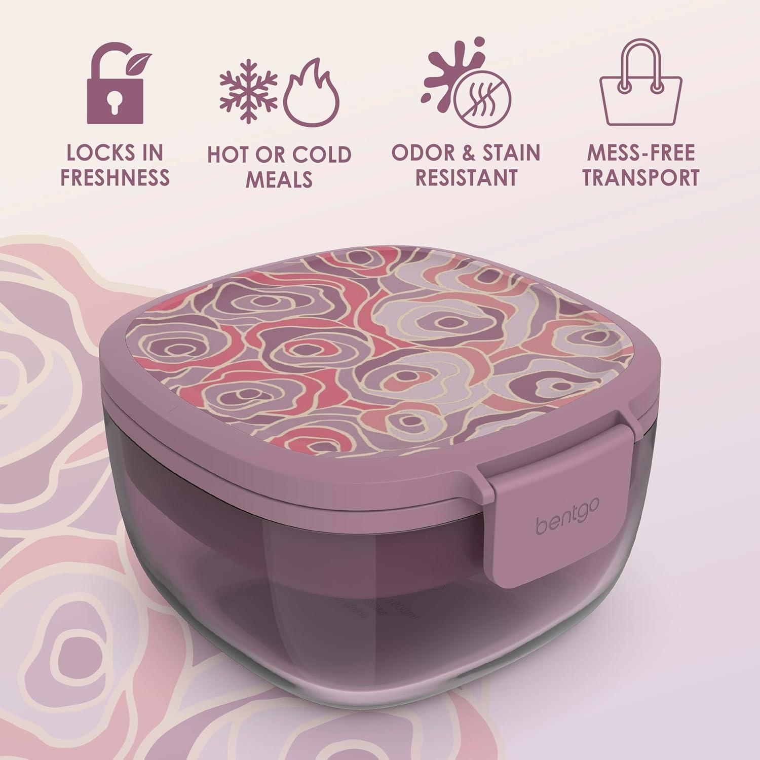 imageBentgo Glass AllinOne Salad Container  Large 61oz Salad Bowl with Lid 4Compartment BentoStyle Tray 3oz Sauce Container and Reusable Fork  Dishwasher Microwave and Oven Safe LavenderFloral Maximalist  Bouquet
