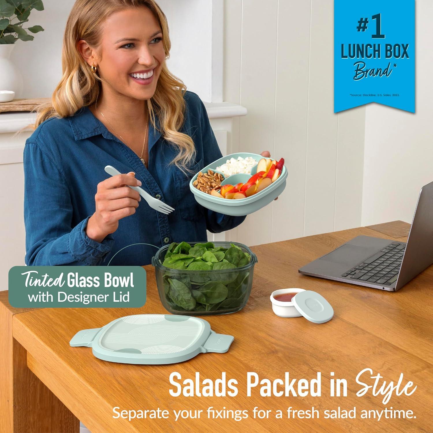 imageBentgo Glass AllinOne Salad Container  Large 61oz Salad Bowl with Lid 4Compartment BentoStyle Tray 3oz Sauce Container and Reusable Fork  Dishwasher Microwave and Oven Safe LavenderMod Curve  Serene Green