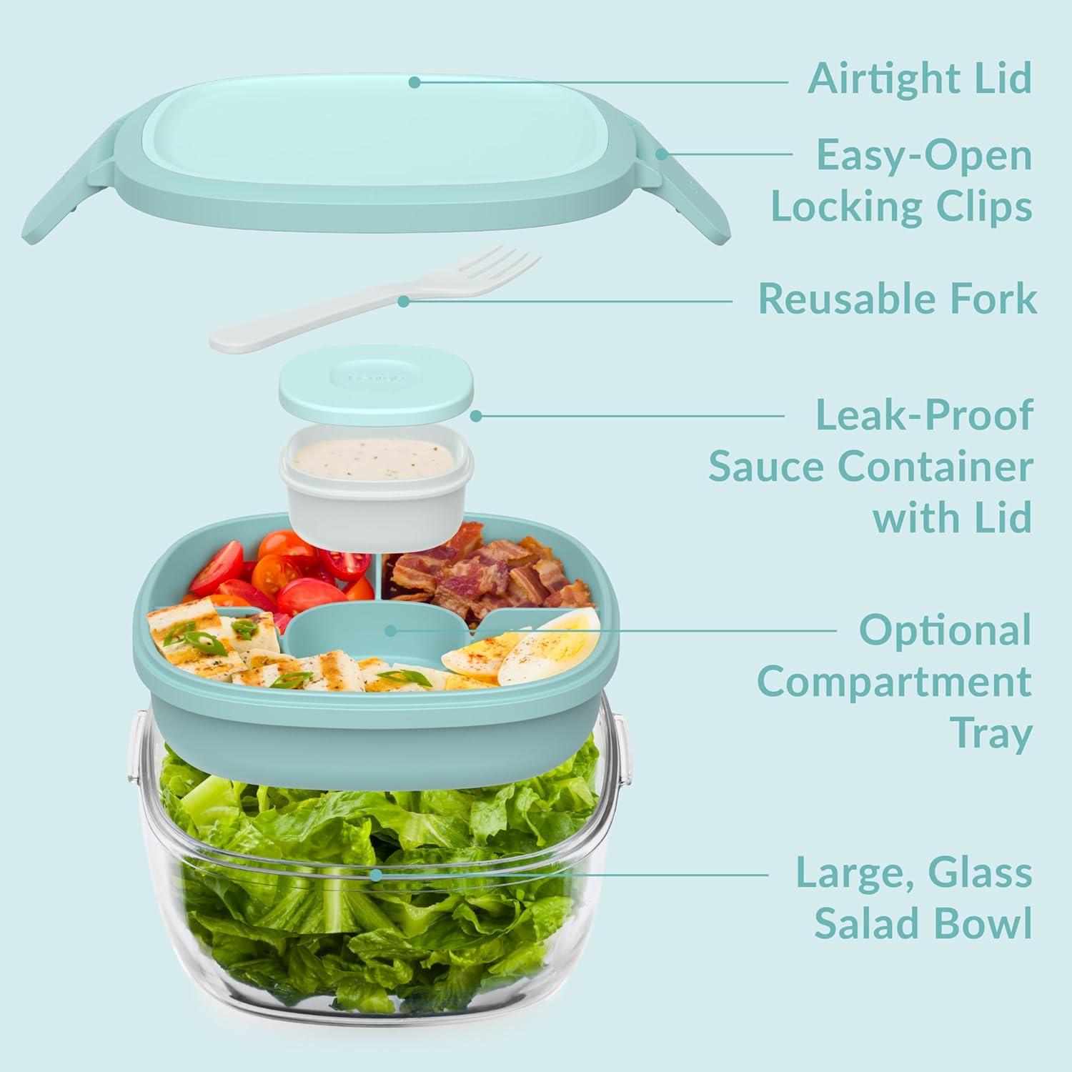 imageBentgo Glass AllinOne Salad Container  Large 61oz Salad Bowl with Lid 4Compartment BentoStyle Tray 3oz Sauce Container and Reusable Fork  Dishwasher Microwave and Oven Safe LavenderCoastal Seaglass