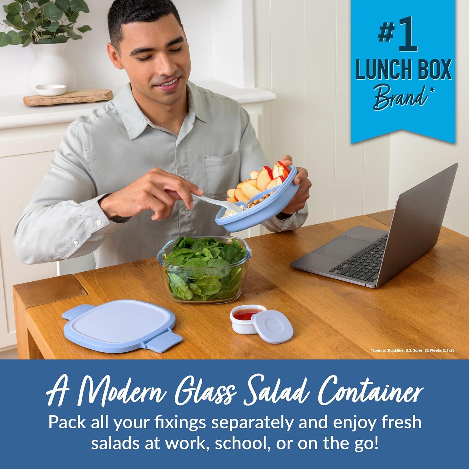 imageBentgo Glass AllinOne Salad Container  Large 61oz Salad Bowl with Lid 4Compartment BentoStyle Tray 3oz Sauce Container and Reusable Fork  Dishwasher Microwave and Oven Safe LavenderLight Blue