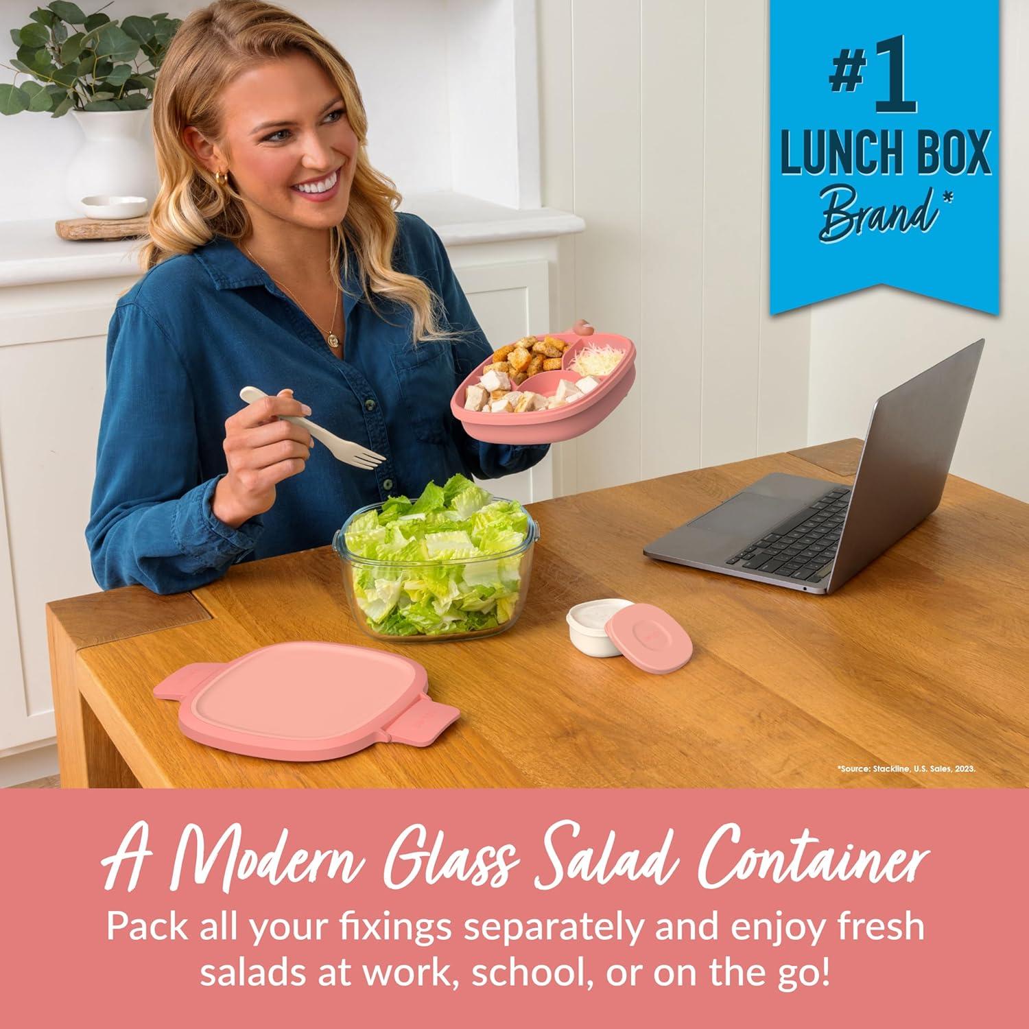 imageBentgo Glass AllinOne Salad Container  Large 61oz Salad Bowl with Lid 4Compartment BentoStyle Tray 3oz Sauce Container and Reusable Fork  Dishwasher Microwave and Oven Safe LavenderCoral