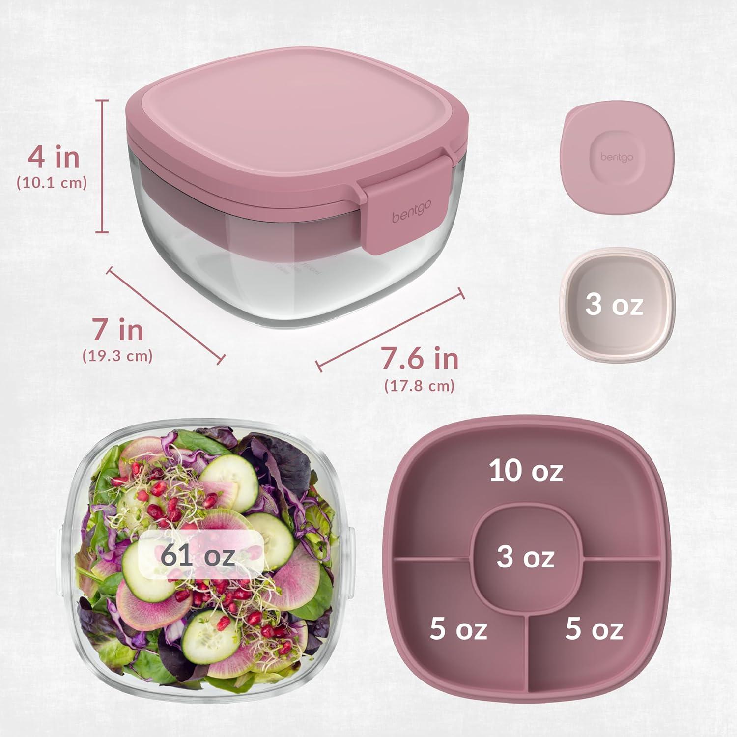 imageBentgo Glass AllinOne Salad Container  Large 61oz Salad Bowl with Lid 4Compartment BentoStyle Tray 3oz Sauce Container and Reusable Fork  Dishwasher Microwave and Oven Safe LavenderRose