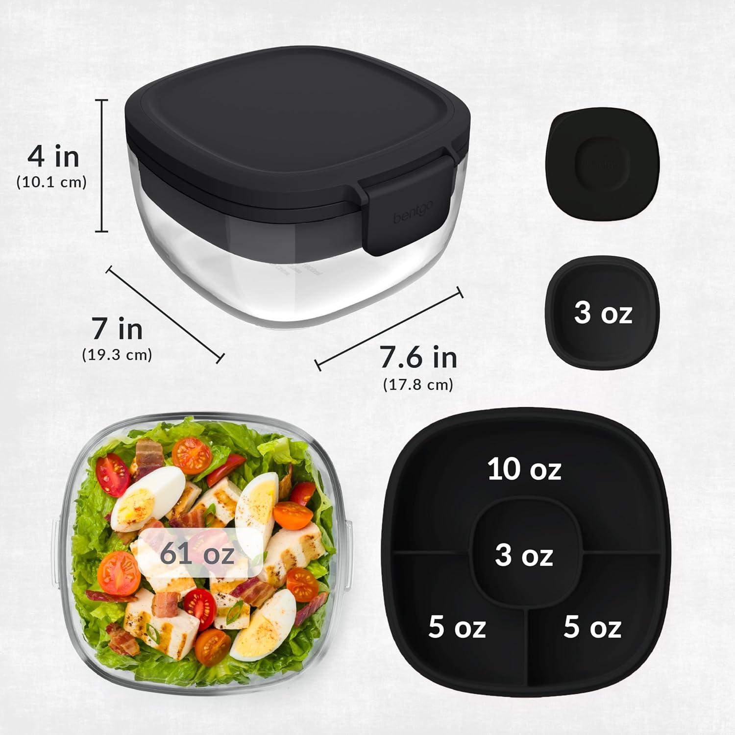 imageBentgo Glass AllinOne Salad Container  Large 61oz Salad Bowl with Lid 4Compartment BentoStyle Tray 3oz Sauce Container and Reusable Fork  Dishwasher Microwave and Oven Safe LavenderBlack Onyx