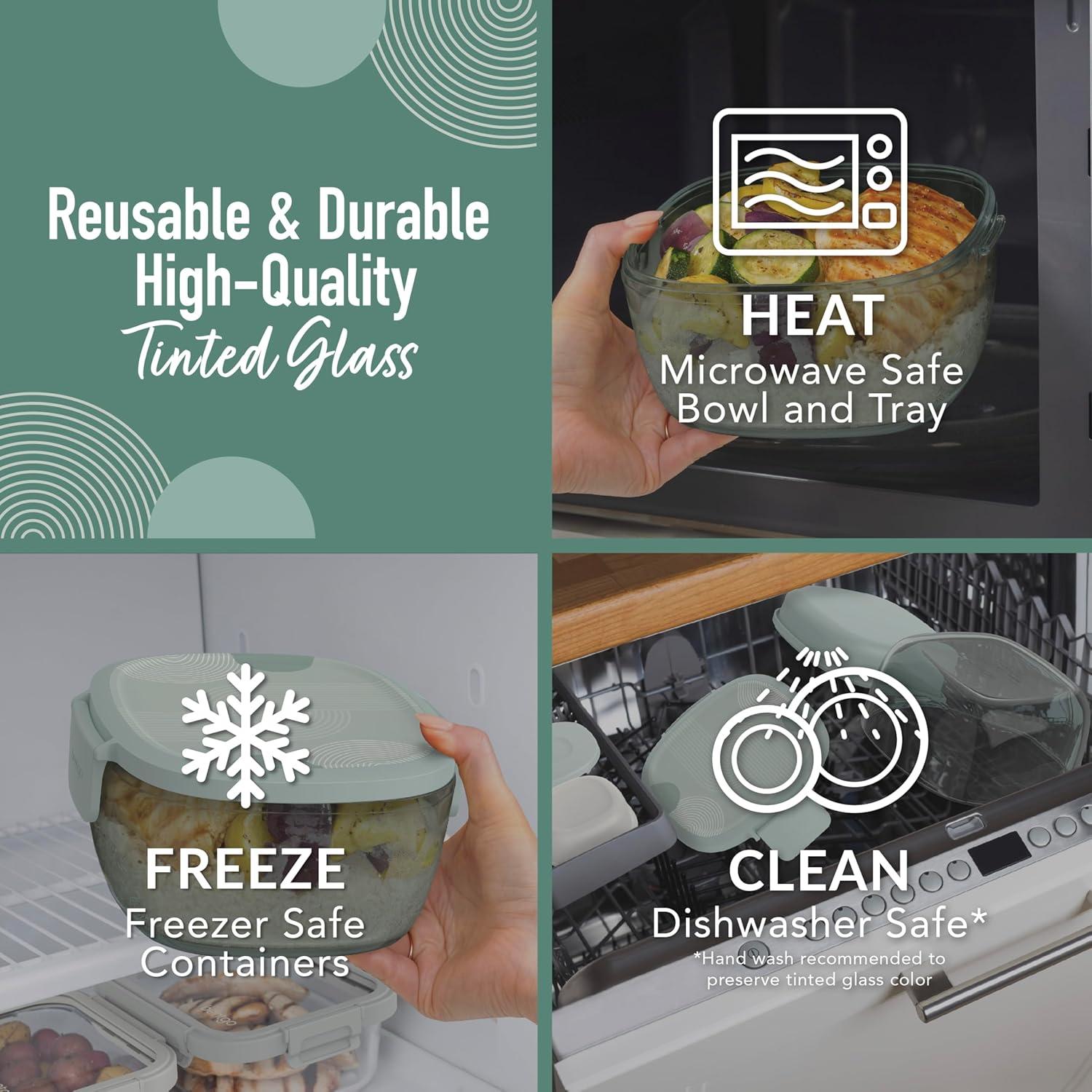 imageBentgo Glass AllinOne Salad Container  Large 61oz Salad Bowl with Lid 4Compartment BentoStyle Tray 3oz Sauce Container and Reusable Fork  Dishwasher Microwave and Oven Safe LavenderMod Curve  Serene Green