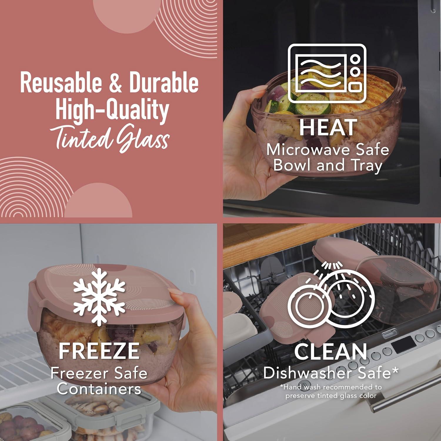 imageBentgo Glass AllinOne Salad Container  Large 61oz Salad Bowl with Lid 4Compartment BentoStyle Tray 3oz Sauce Container and Reusable Fork  Dishwasher Microwave and Oven Safe LavenderMod Curve  Desert Rose