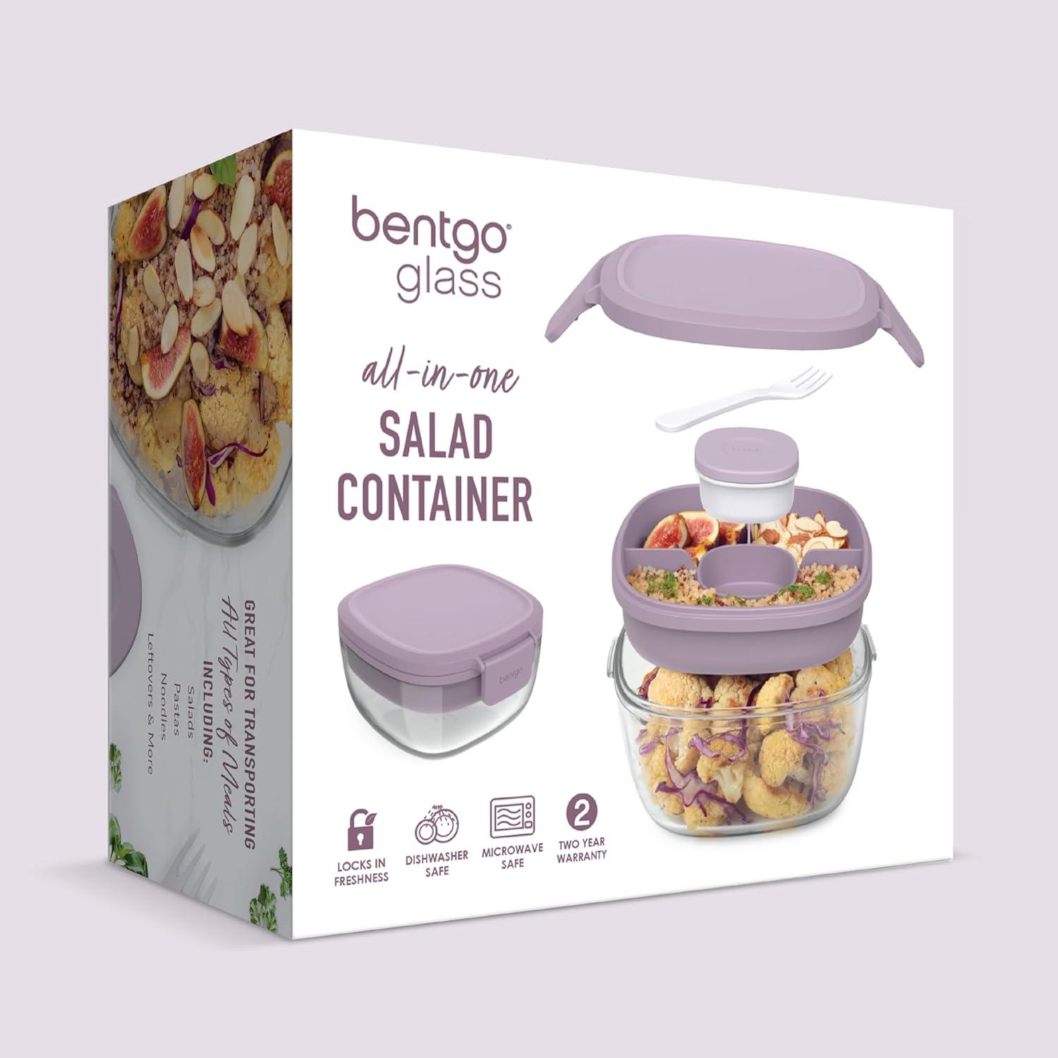 imageBentgo Glass AllinOne Salad Container  Large 61oz Salad Bowl with Lid 4Compartment BentoStyle Tray 3oz Sauce Container and Reusable Fork  Dishwasher Microwave and Oven Safe LavenderLavender