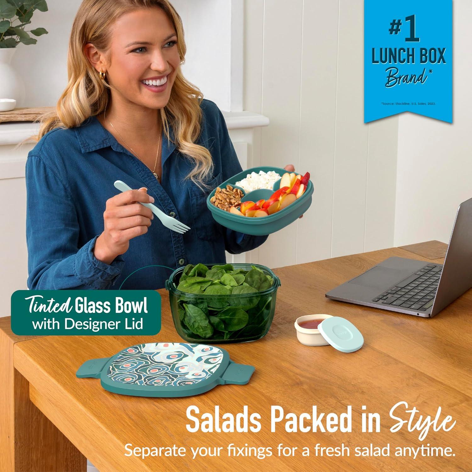 imageBentgo Glass AllinOne Salad Container  Large 61oz Salad Bowl with Lid 4Compartment BentoStyle Tray 3oz Sauce Container and Reusable Fork  Dishwasher Microwave and Oven Safe LavenderFloral Maximalist  Sea