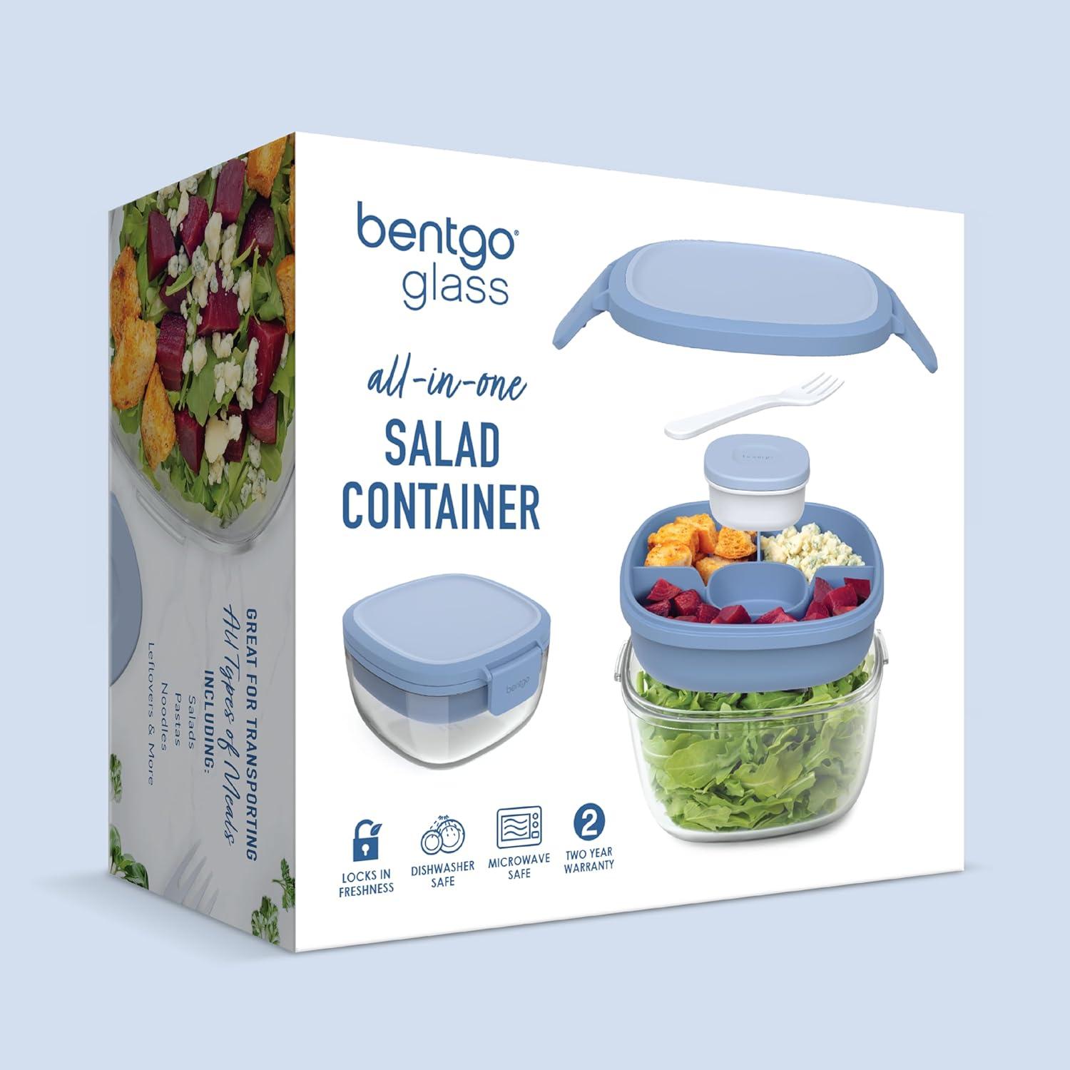 imageBentgo Glass AllinOne Salad Container  Large 61oz Salad Bowl with Lid 4Compartment BentoStyle Tray 3oz Sauce Container and Reusable Fork  Dishwasher Microwave and Oven Safe LavenderLight Blue