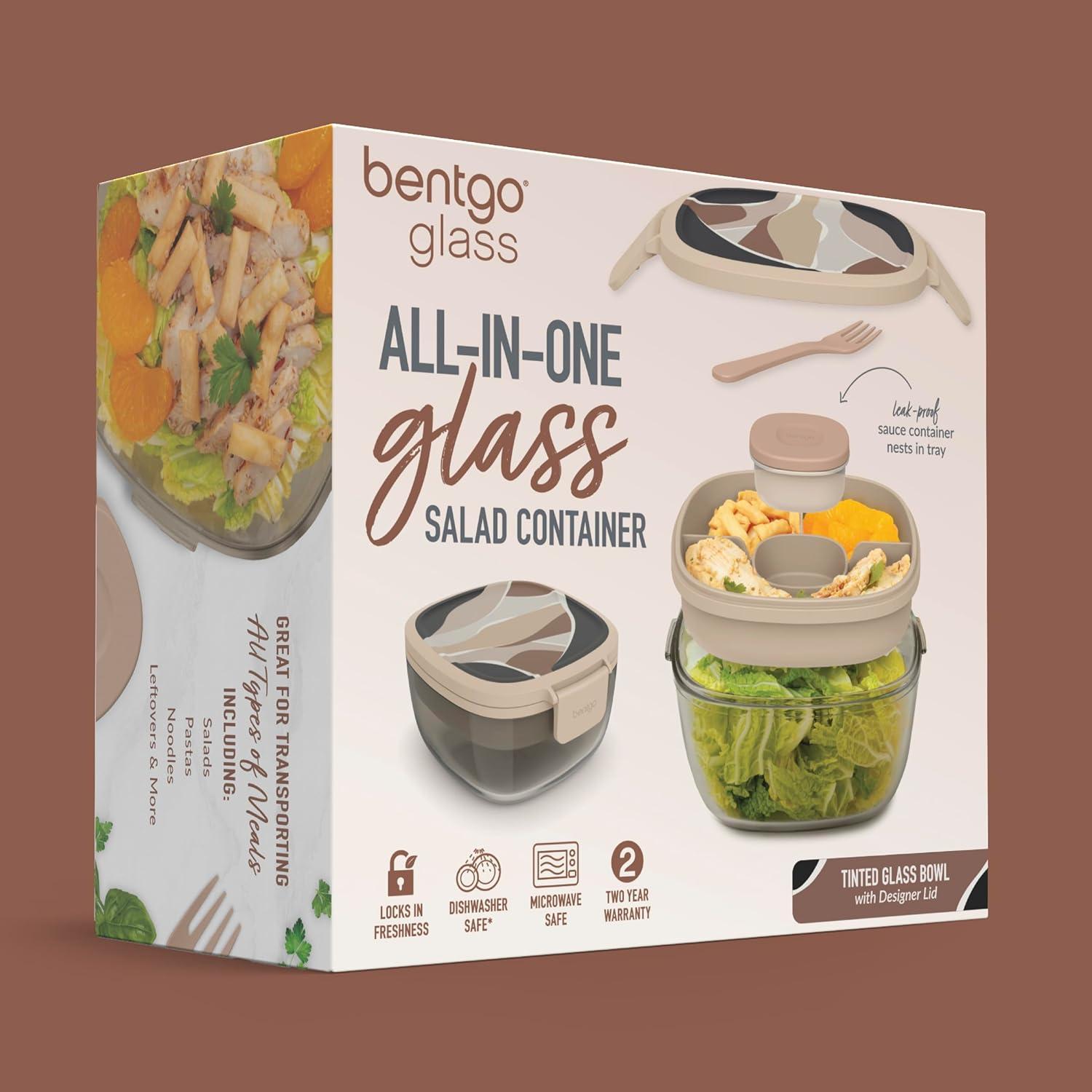 imageBentgo Glass AllinOne Salad Container  Large 61oz Salad Bowl with Lid 4Compartment BentoStyle Tray 3oz Sauce Container and Reusable Fork  Dishwasher Microwave and Oven Safe LavenderInky Abstract  Neutrals