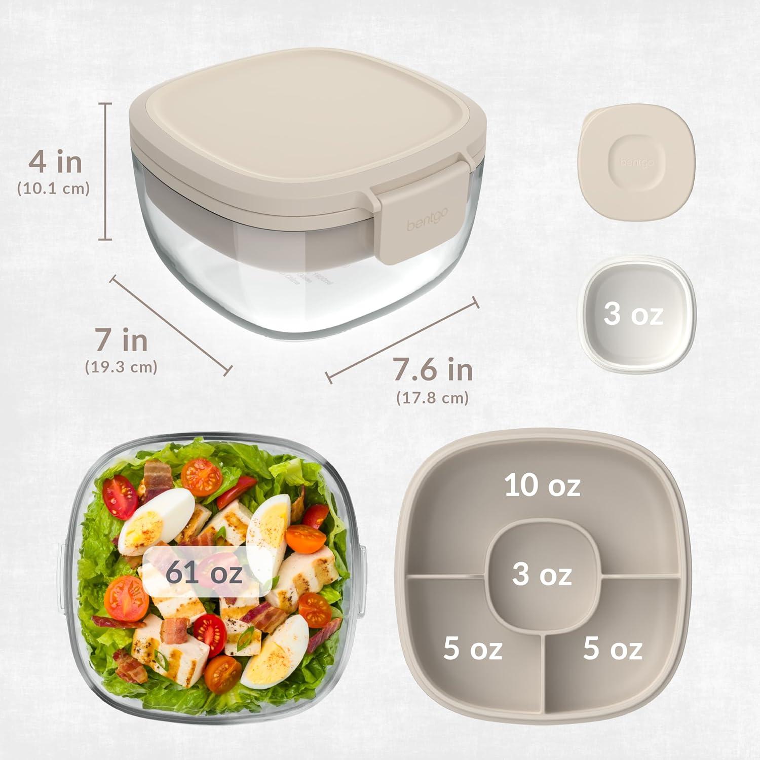 imageBentgo Glass AllinOne Salad Container  Large 61oz Salad Bowl with Lid 4Compartment BentoStyle Tray 3oz Sauce Container and Reusable Fork  Dishwasher Microwave and Oven Safe LavenderWhite Stone Tan