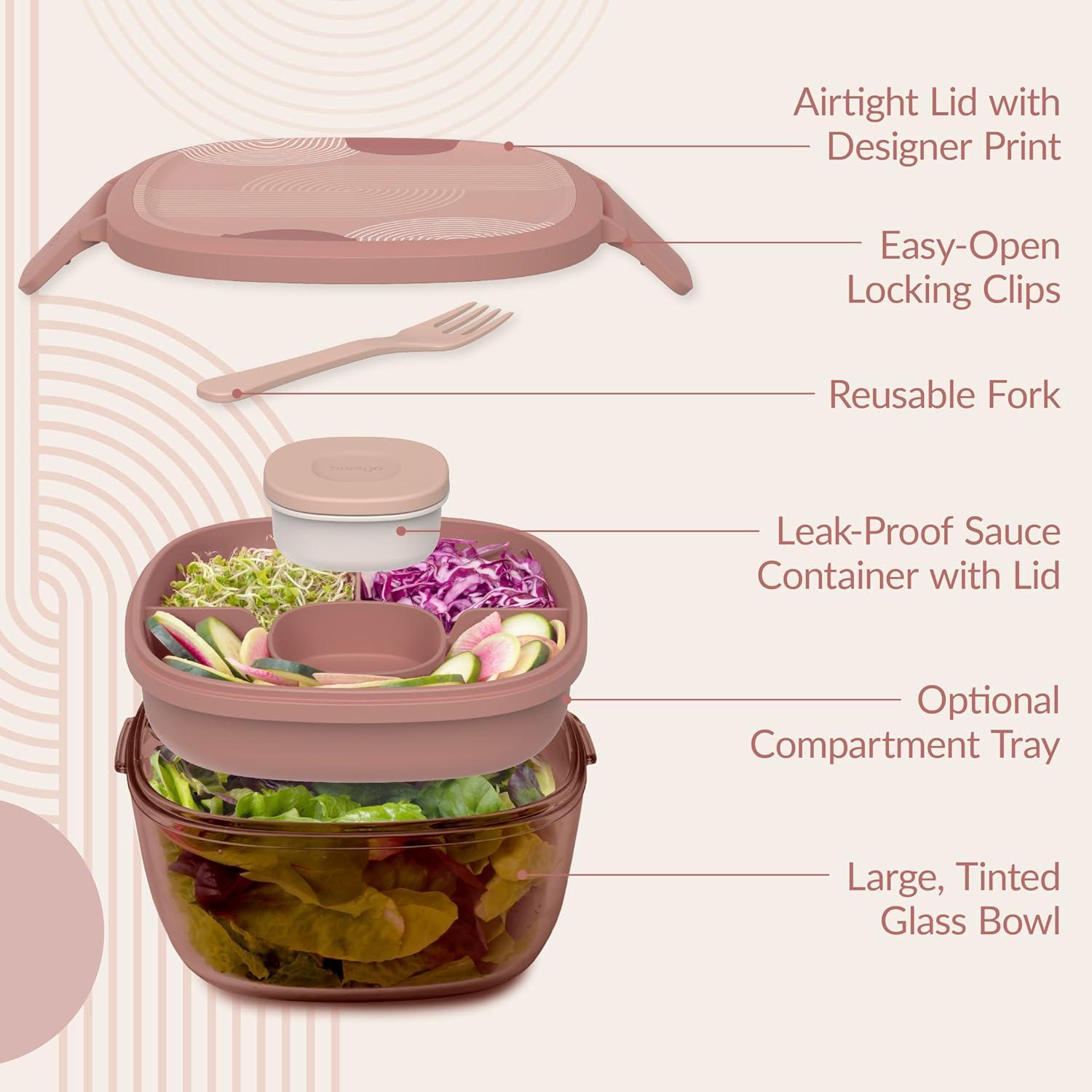 imageBentgo Glass AllinOne Salad Container  Large 61oz Salad Bowl with Lid 4Compartment BentoStyle Tray 3oz Sauce Container and Reusable Fork  Dishwasher Microwave and Oven Safe LavenderMod Curve  Desert Rose