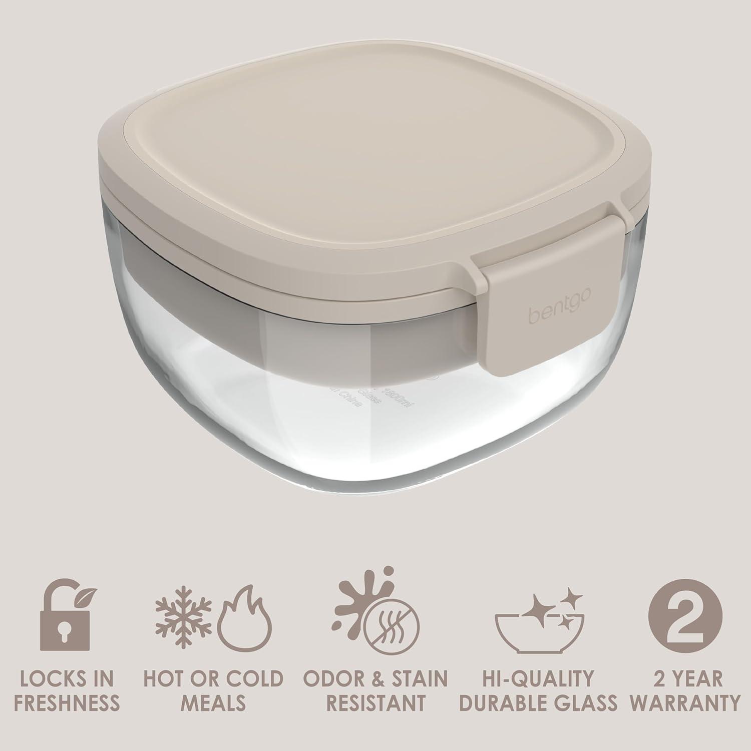 imageBentgo Glass AllinOne Salad Container  Large 61oz Salad Bowl with Lid 4Compartment BentoStyle Tray 3oz Sauce Container and Reusable Fork  Dishwasher Microwave and Oven Safe LavenderWhite Stone Tan