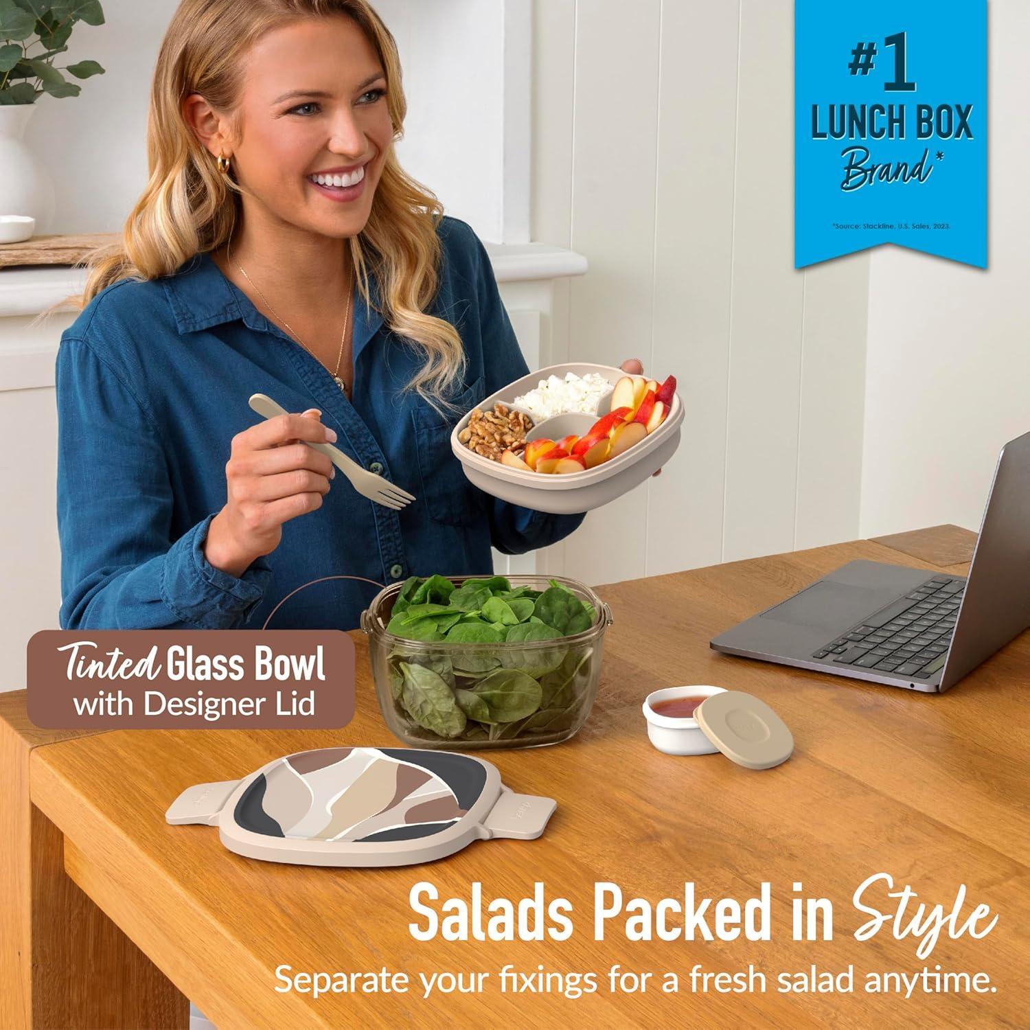 imageBentgo Glass AllinOne Salad Container  Large 61oz Salad Bowl with Lid 4Compartment BentoStyle Tray 3oz Sauce Container and Reusable Fork  Dishwasher Microwave and Oven Safe LavenderInky Abstract  Neutrals