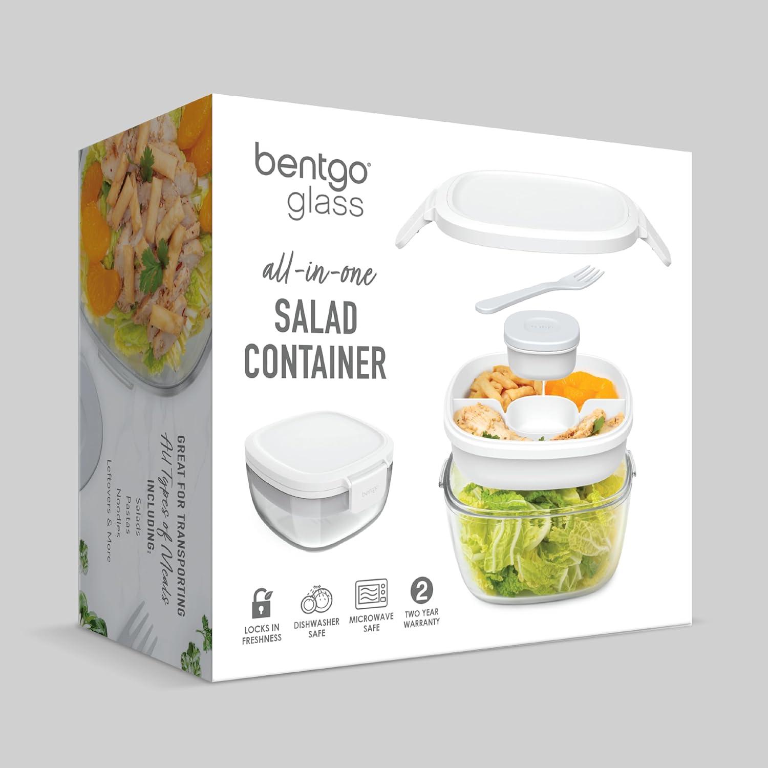 imageBentgo Glass AllinOne Salad Container  Large 61oz Salad Bowl with Lid 4Compartment BentoStyle Tray 3oz Sauce Container and Reusable Fork  Dishwasher Microwave and Oven Safe LavenderWhite
