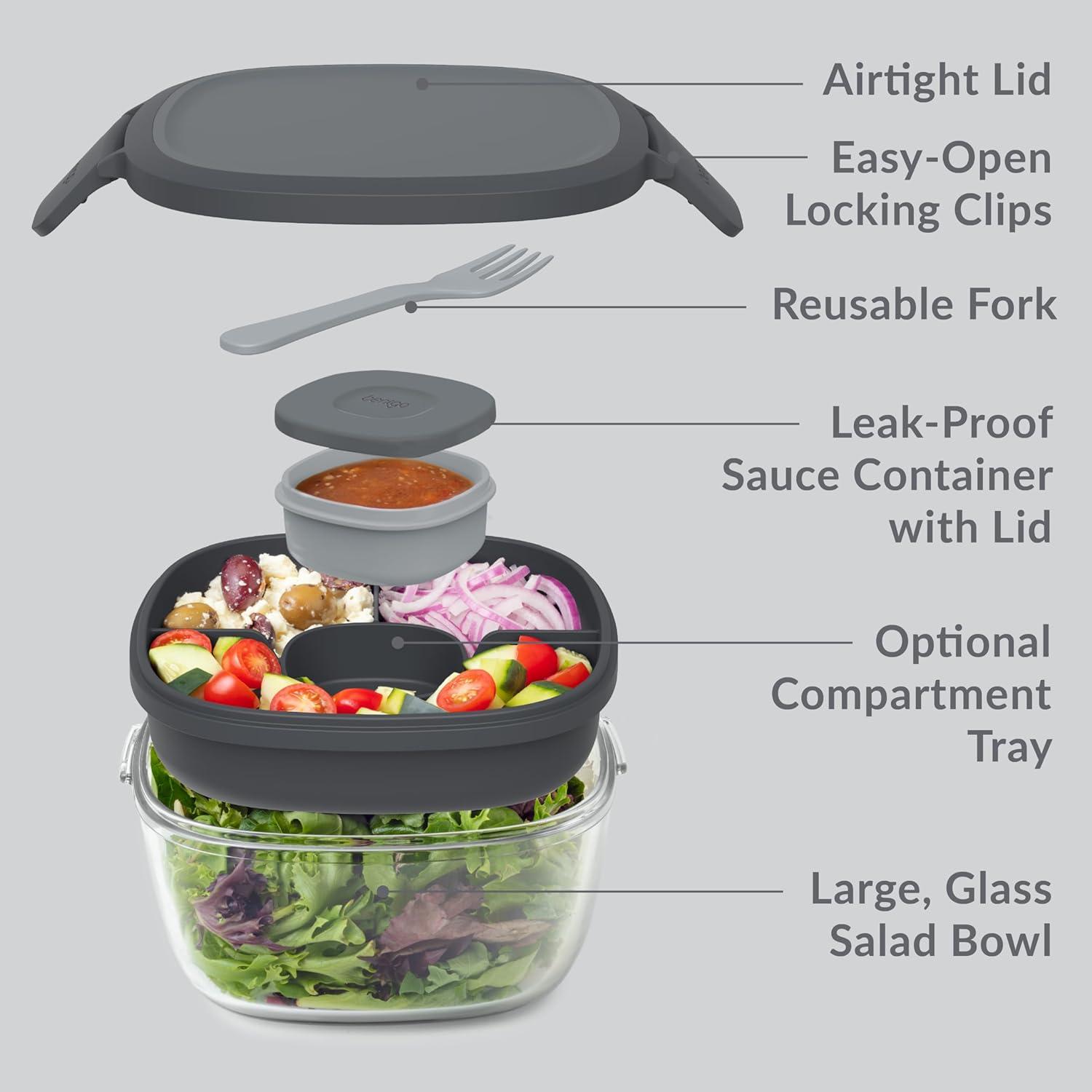 imageBentgo Glass AllinOne Salad Container  Large 61oz Salad Bowl with Lid 4Compartment BentoStyle Tray 3oz Sauce Container and Reusable Fork  Dishwasher Microwave and Oven Safe LavenderDark Gray