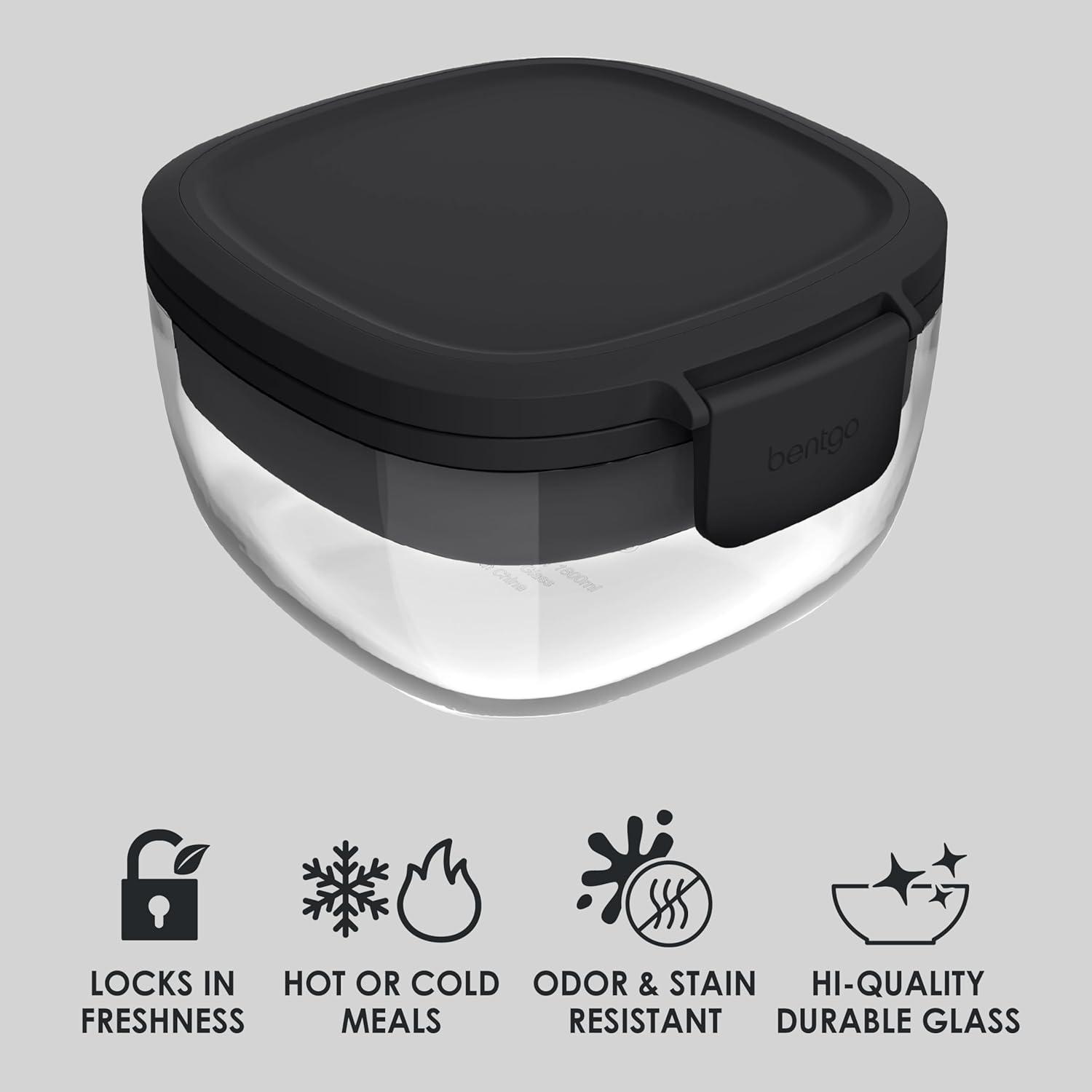 imageBentgo Glass AllinOne Salad Container  Large 61oz Salad Bowl with Lid 4Compartment BentoStyle Tray 3oz Sauce Container and Reusable Fork  Dishwasher Microwave and Oven Safe LavenderBlack Onyx