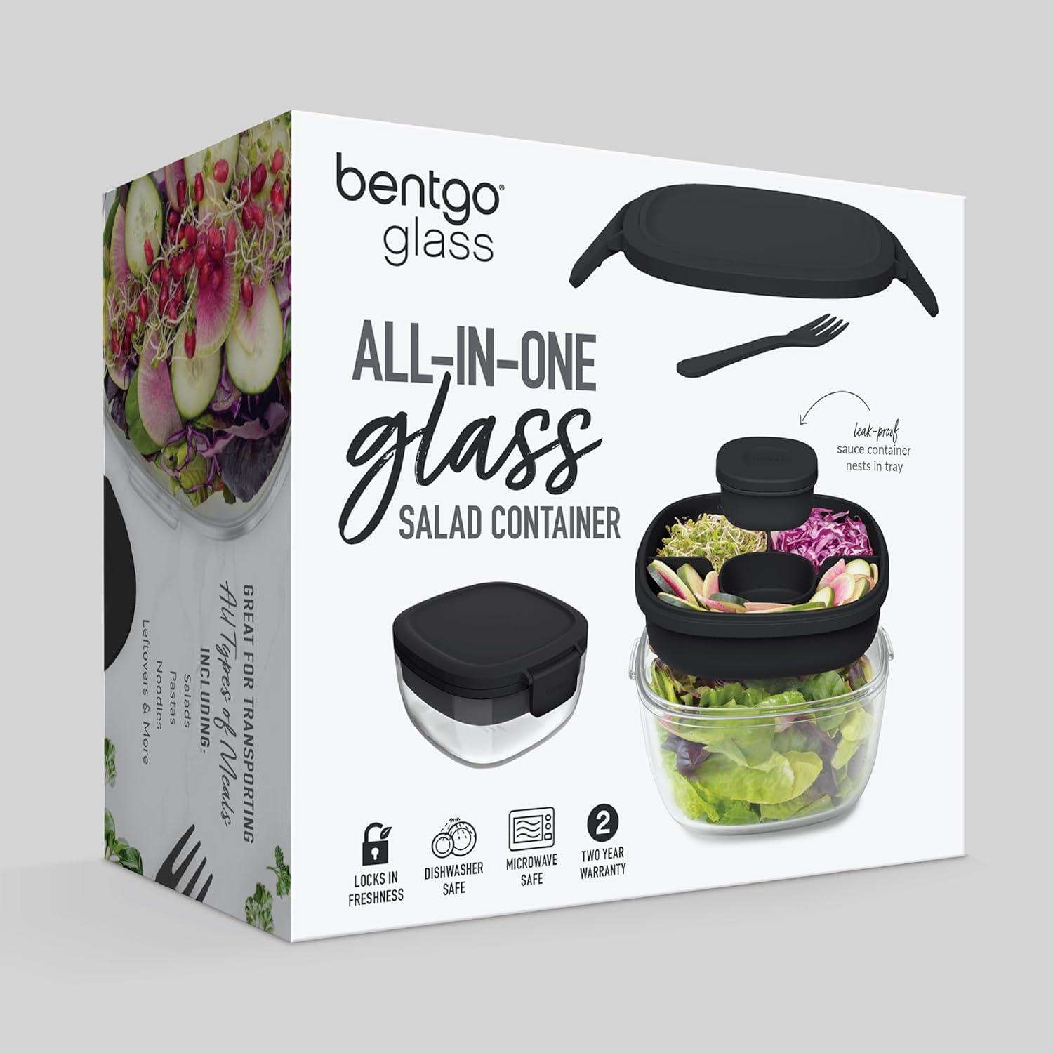imageBentgo Glass AllinOne Salad Container  Large 61oz Salad Bowl with Lid 4Compartment BentoStyle Tray 3oz Sauce Container and Reusable Fork  Dishwasher Microwave and Oven Safe LavenderBlack Onyx