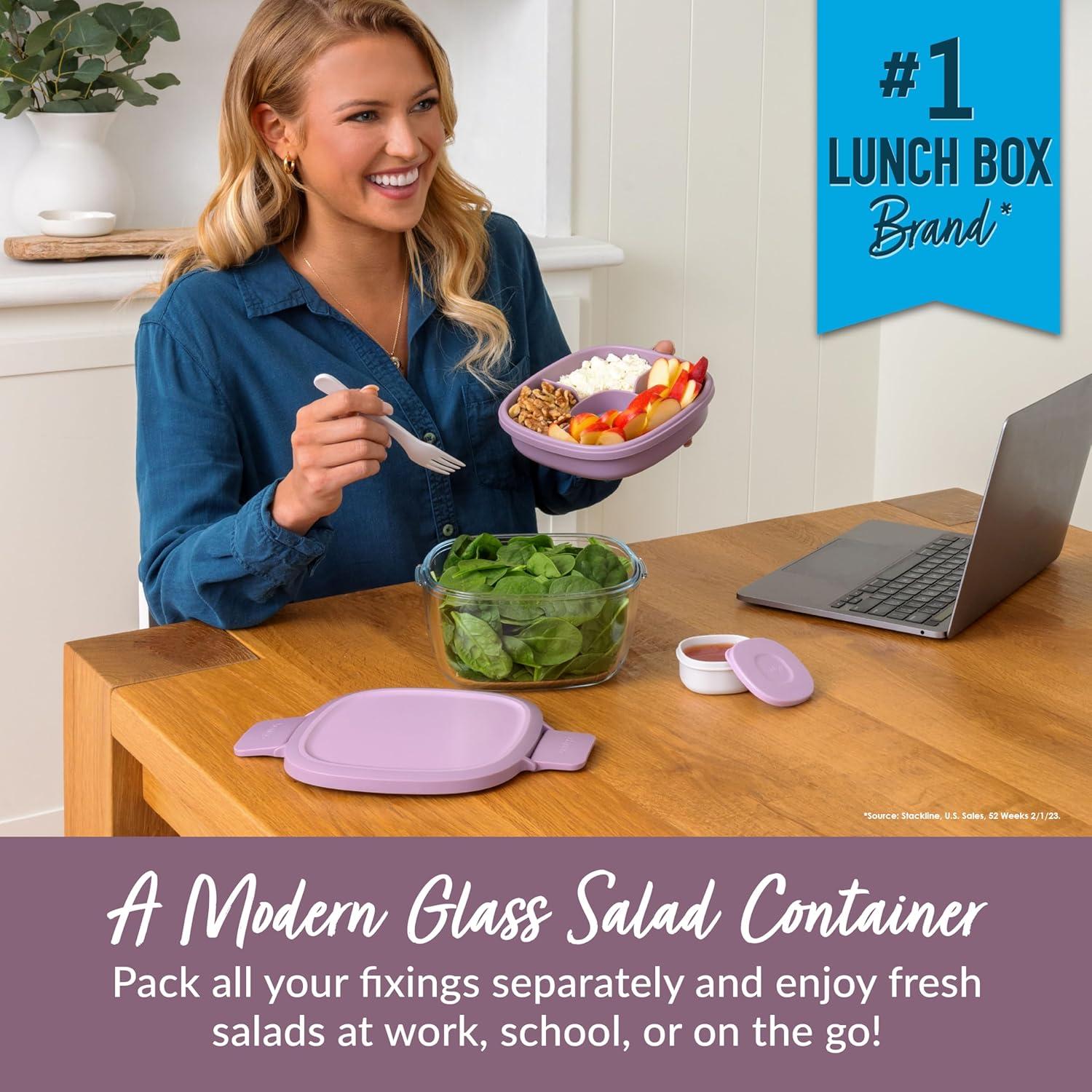 imageBentgo Glass AllinOne Salad Container  Large 61oz Salad Bowl with Lid 4Compartment BentoStyle Tray 3oz Sauce Container and Reusable Fork  Dishwasher Microwave and Oven Safe LavenderLavender