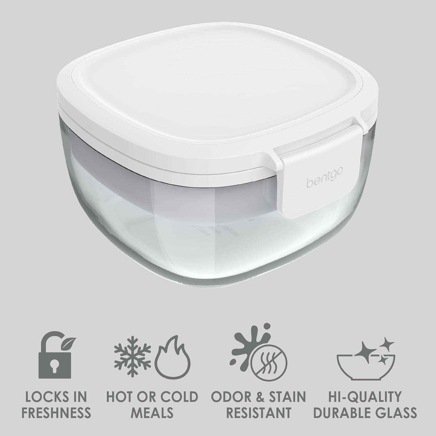 imageBentgo Glass AllinOne Salad Container  Large 61oz Salad Bowl with Lid 4Compartment BentoStyle Tray 3oz Sauce Container and Reusable Fork  Dishwasher Microwave and Oven Safe LavenderWhite
