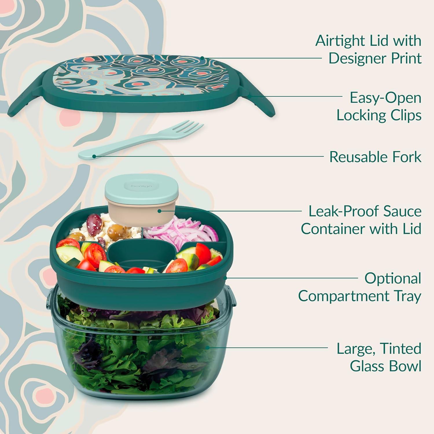 imageBentgo Glass AllinOne Salad Container  Large 61oz Salad Bowl with Lid 4Compartment BentoStyle Tray 3oz Sauce Container and Reusable Fork  Dishwasher Microwave and Oven Safe LavenderFloral Maximalist  Sea