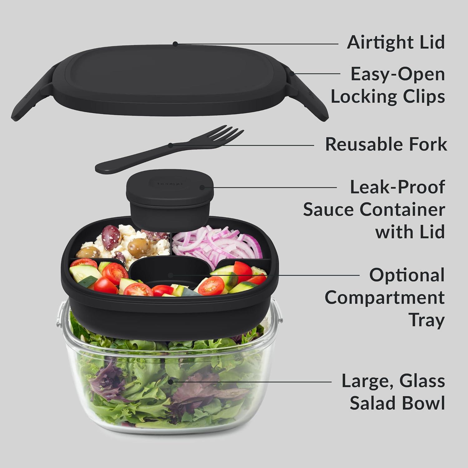 imageBentgo Glass AllinOne Salad Container  Large 61oz Salad Bowl with Lid 4Compartment BentoStyle Tray 3oz Sauce Container and Reusable Fork  Dishwasher Microwave and Oven Safe LavenderBlack Onyx