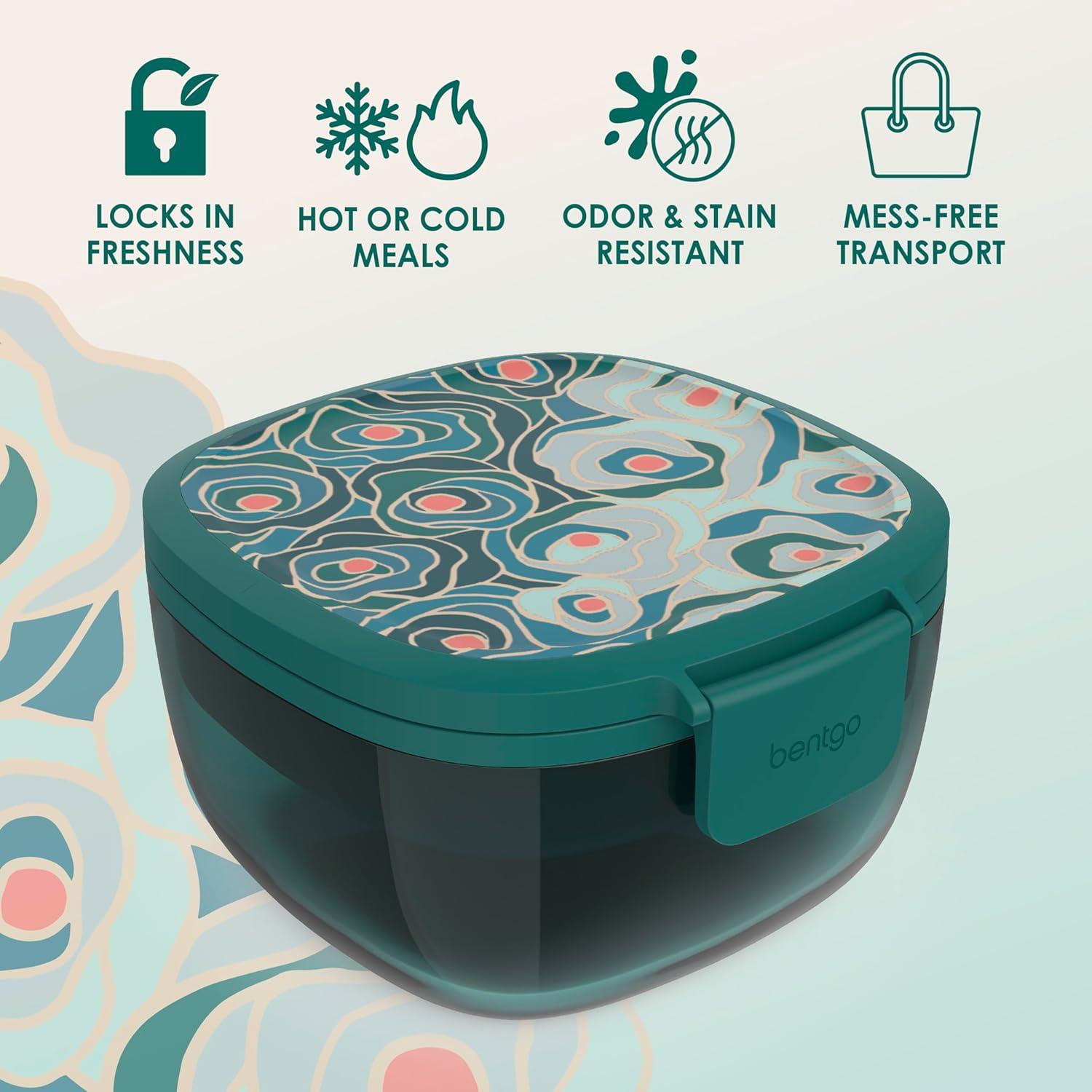 imageBentgo Glass AllinOne Salad Container  Large 61oz Salad Bowl with Lid 4Compartment BentoStyle Tray 3oz Sauce Container and Reusable Fork  Dishwasher Microwave and Oven Safe LavenderFloral Maximalist  Sea