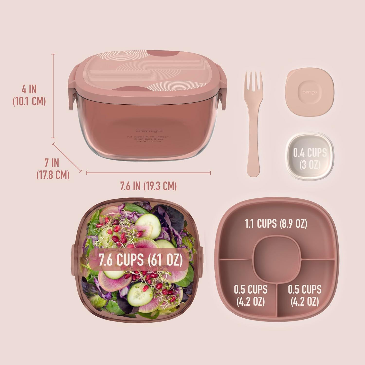imageBentgo Glass AllinOne Salad Container  Large 61oz Salad Bowl with Lid 4Compartment BentoStyle Tray 3oz Sauce Container and Reusable Fork  Dishwasher Microwave and Oven Safe LavenderMod Curve  Desert Rose